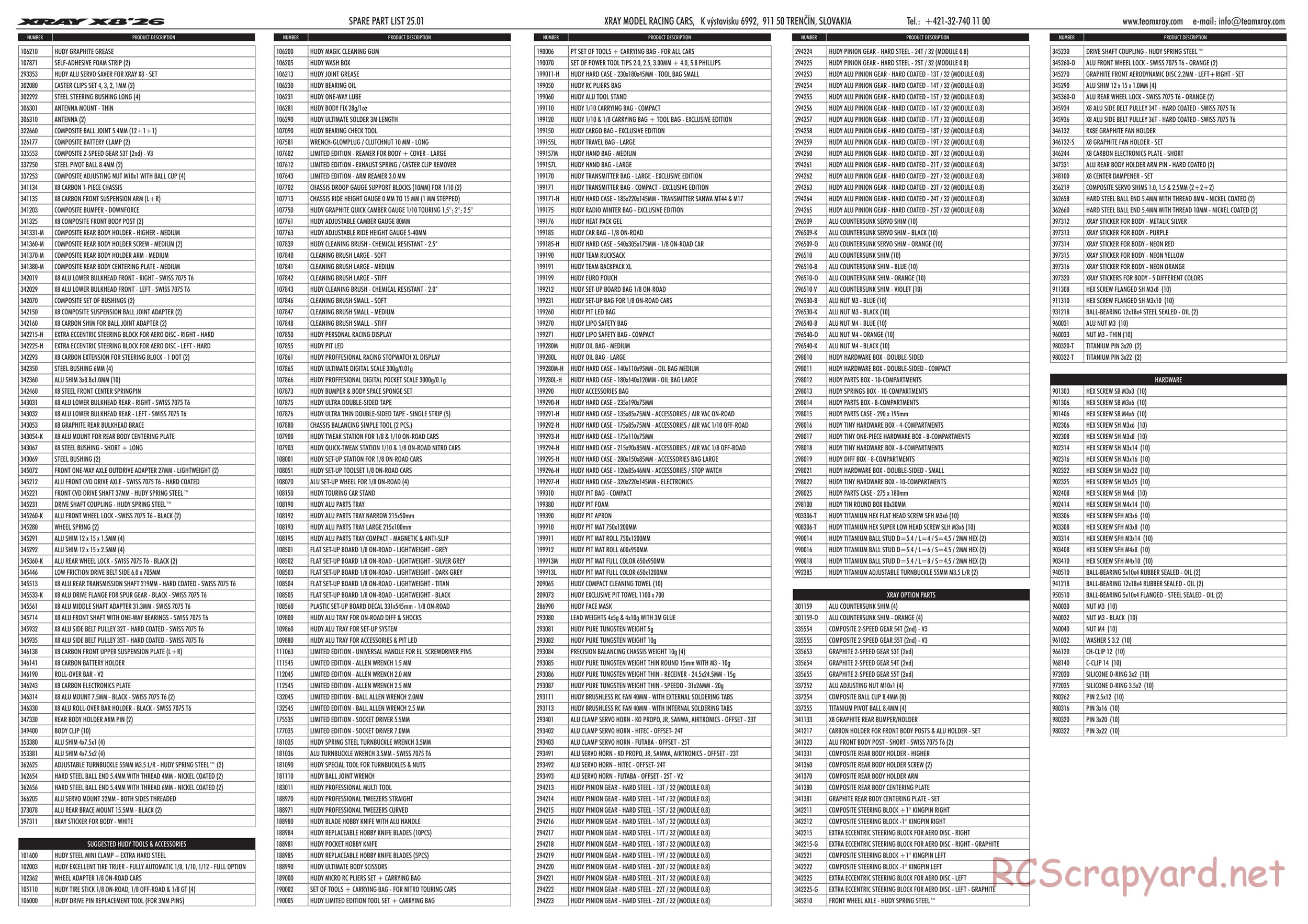 Xray - X8 2026 (X8'26) - Parts List
