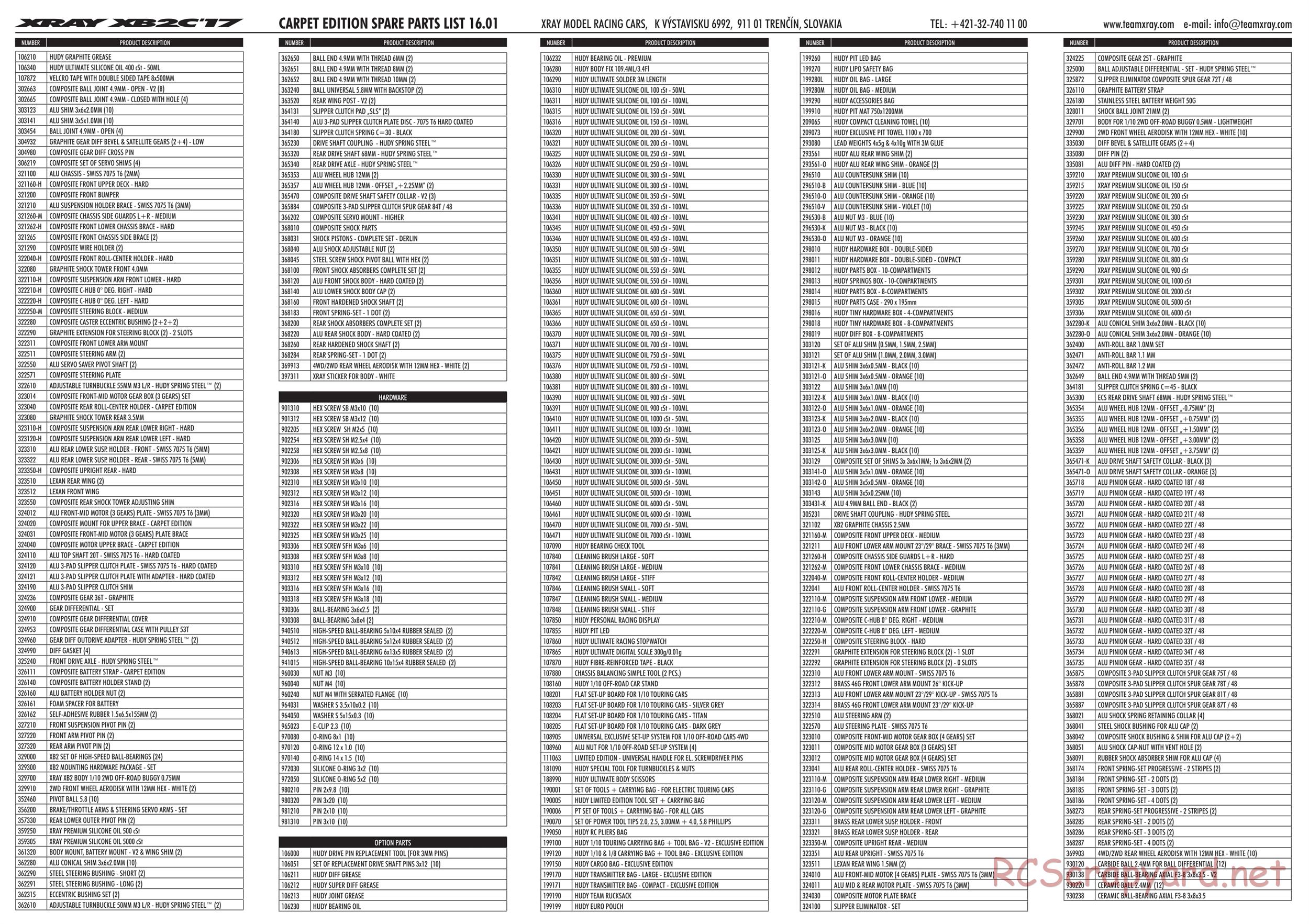 Xray - XB2 2017 (XB2C'17) - Parts List