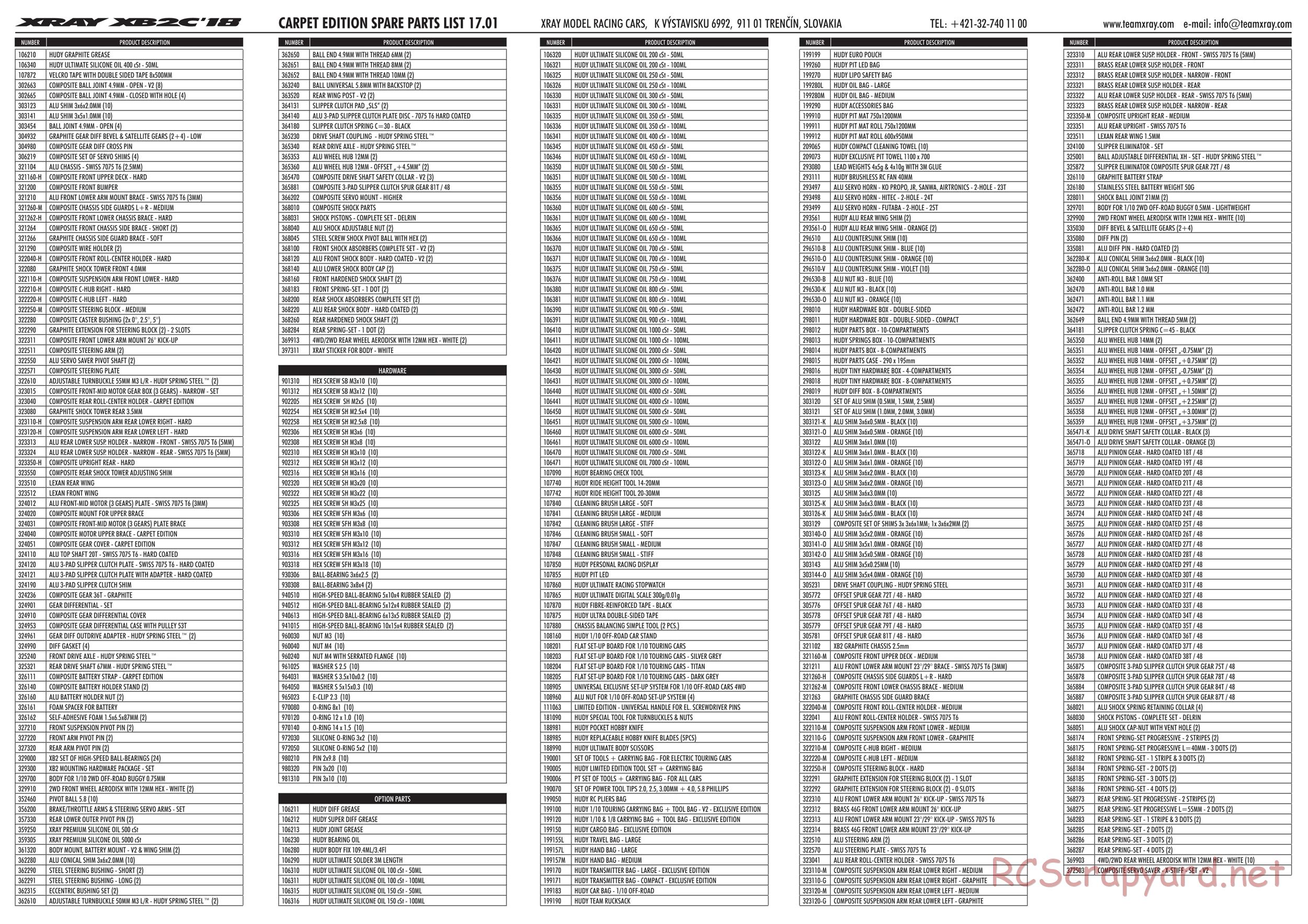 Xray - XB2 2018 (XB2C'18) - Parts List
