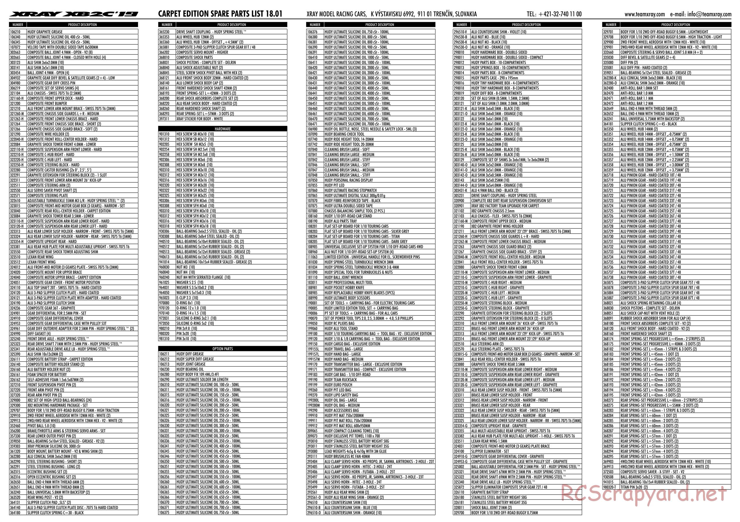 Xray - XB2C 2019 (XB2C'19) - Parts List