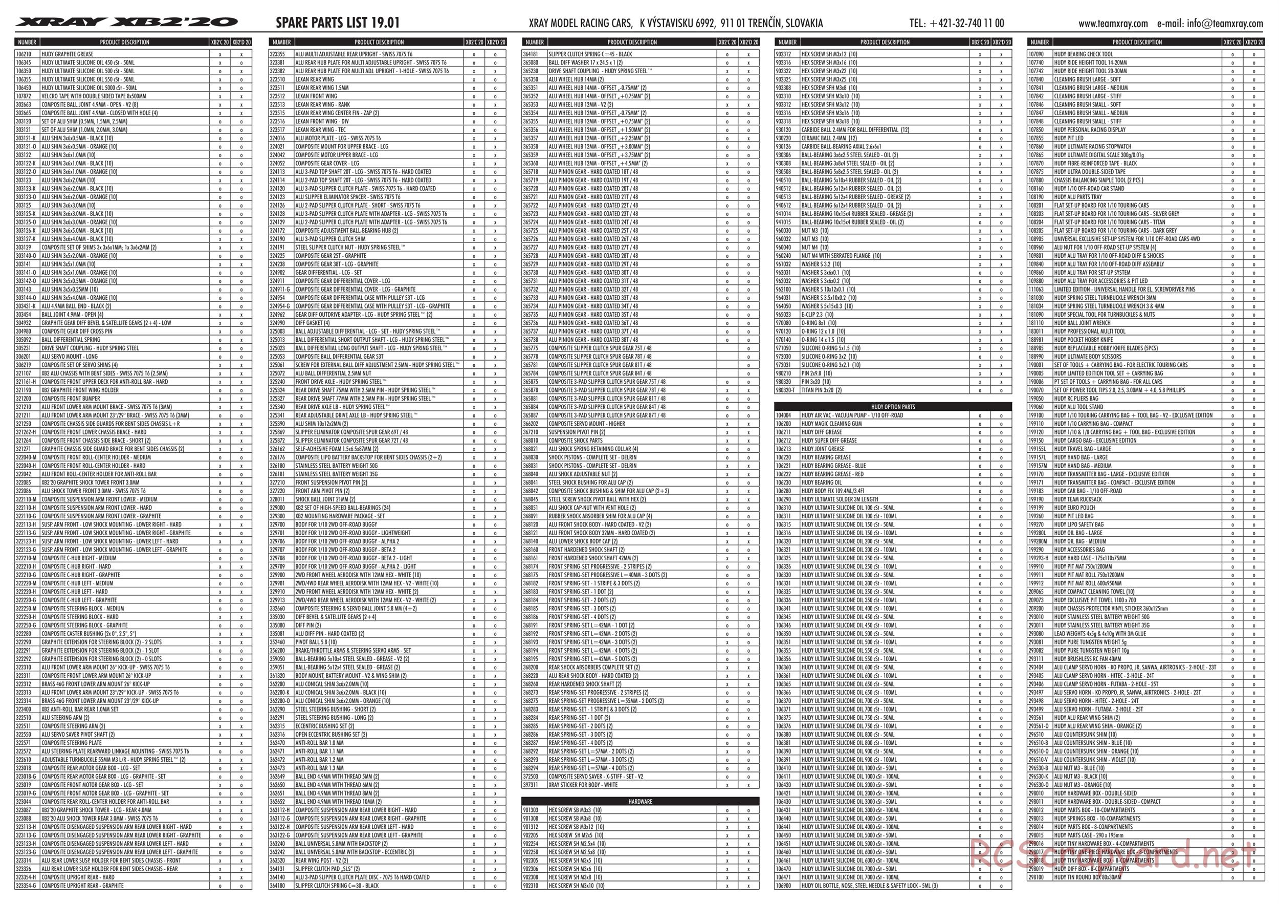 Xray - XB2C 2020 (XB2C'20) - Parts List