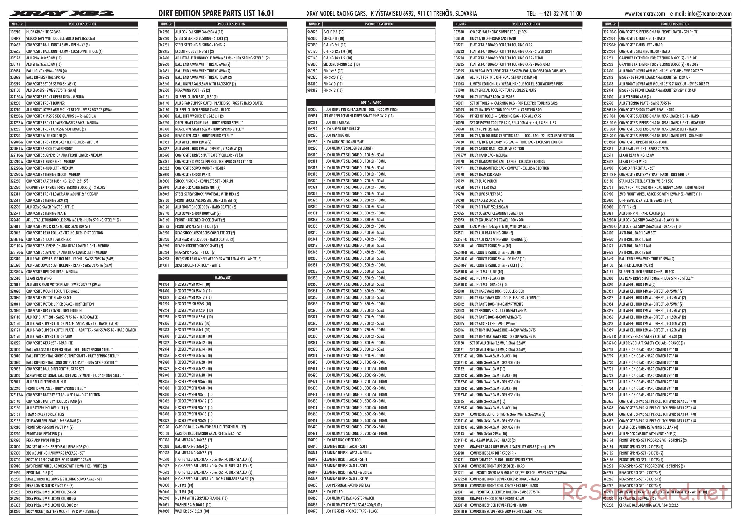 Xray - XB2 2016 (XB2D'16) - Parts List