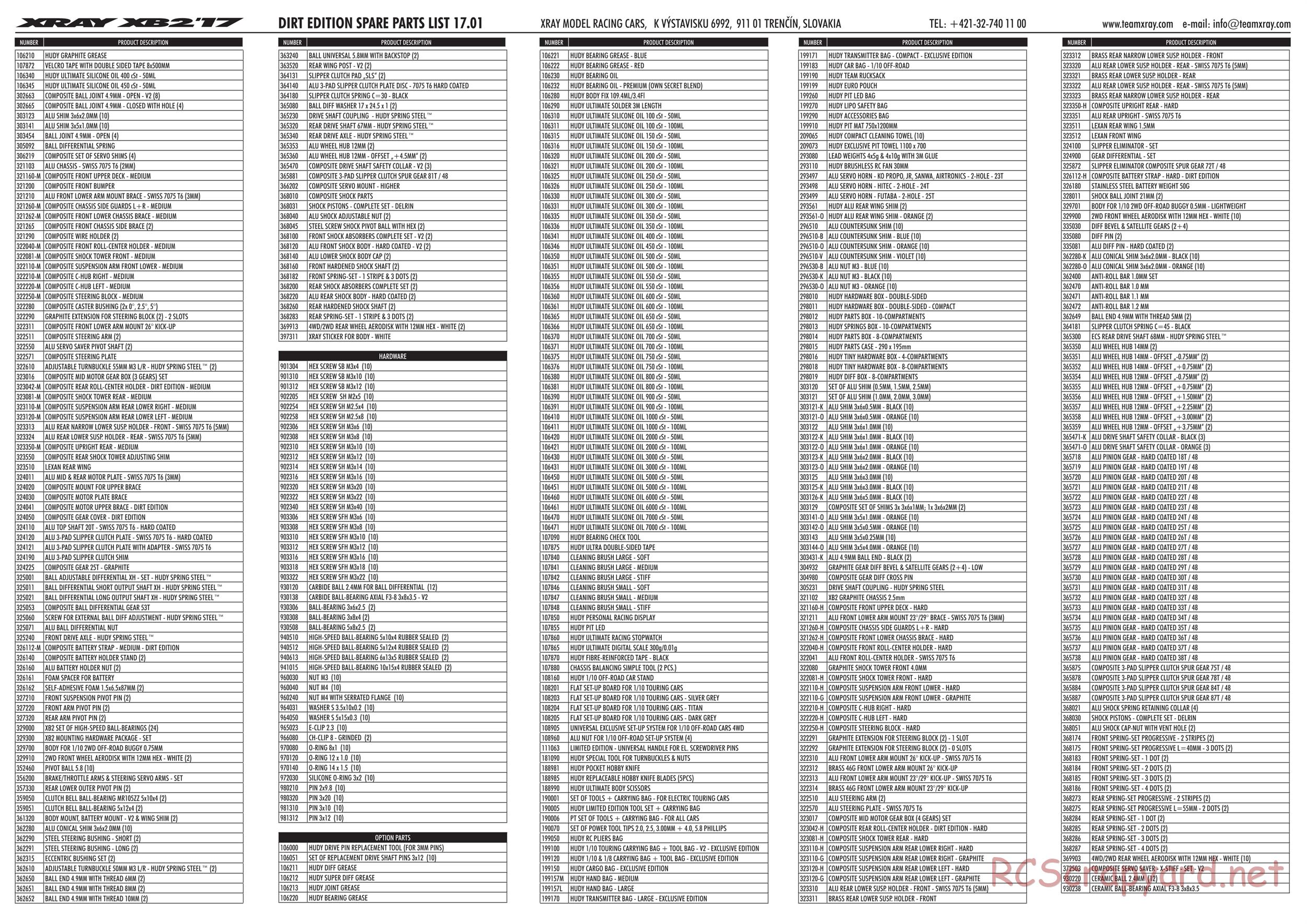 Xray - XB2 2017 (XB2D'17) - Parts List