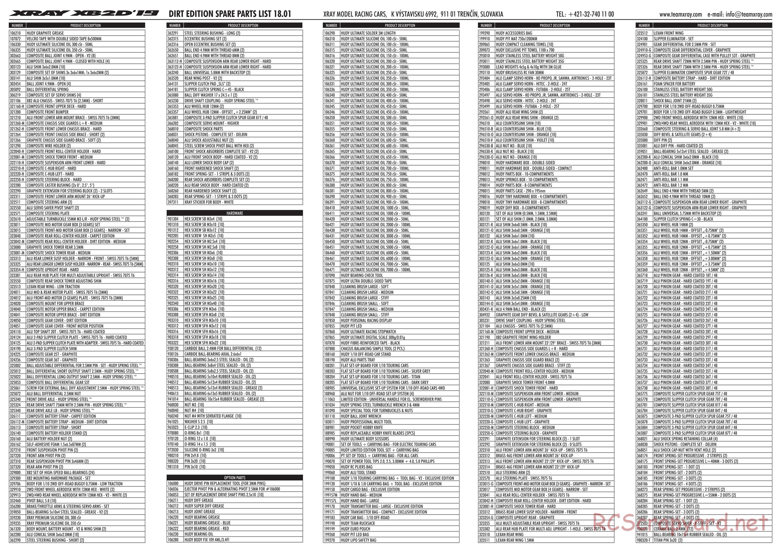 Xray - XB2D 2019 (XB2D'19) - Parts List