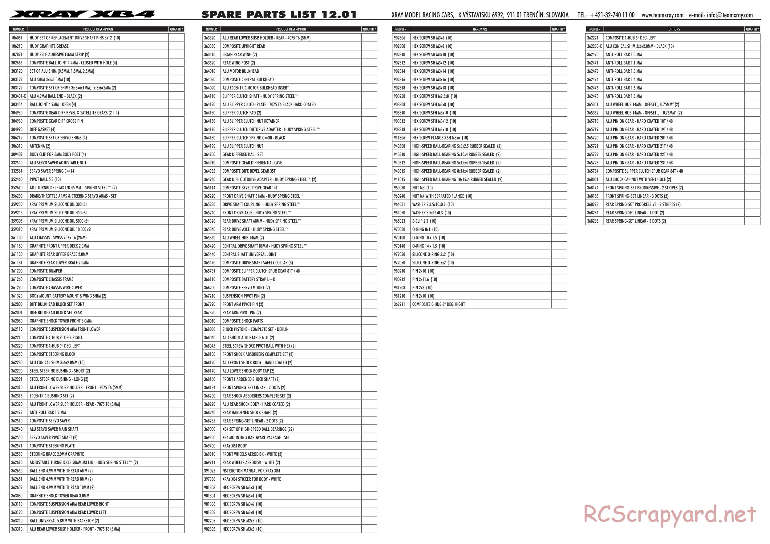 Xray - XB4 2012 (XB4'12) - 4WD - Parts