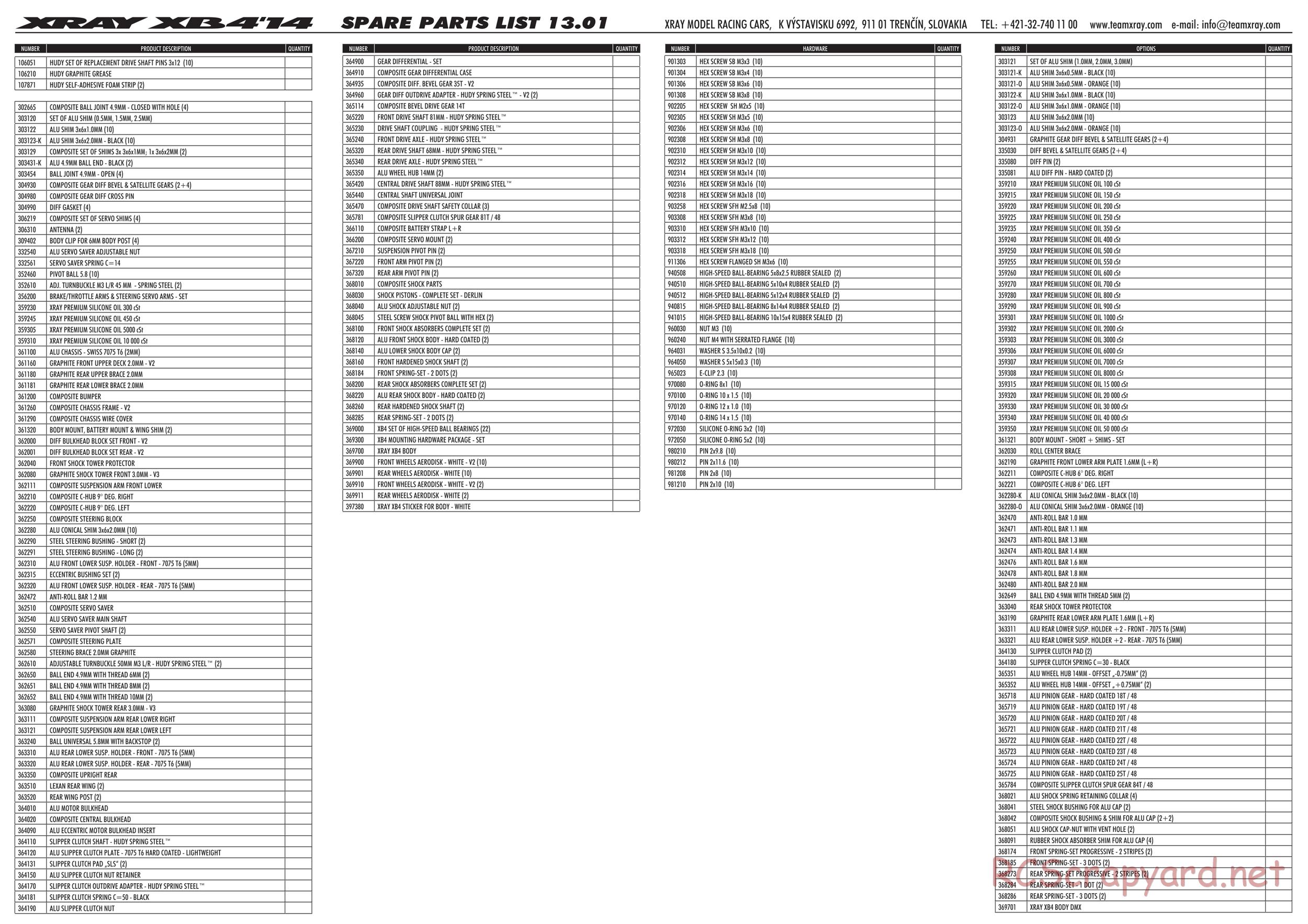 Xray - XB4 2014 (XB4'14) - 4WD - Parts
