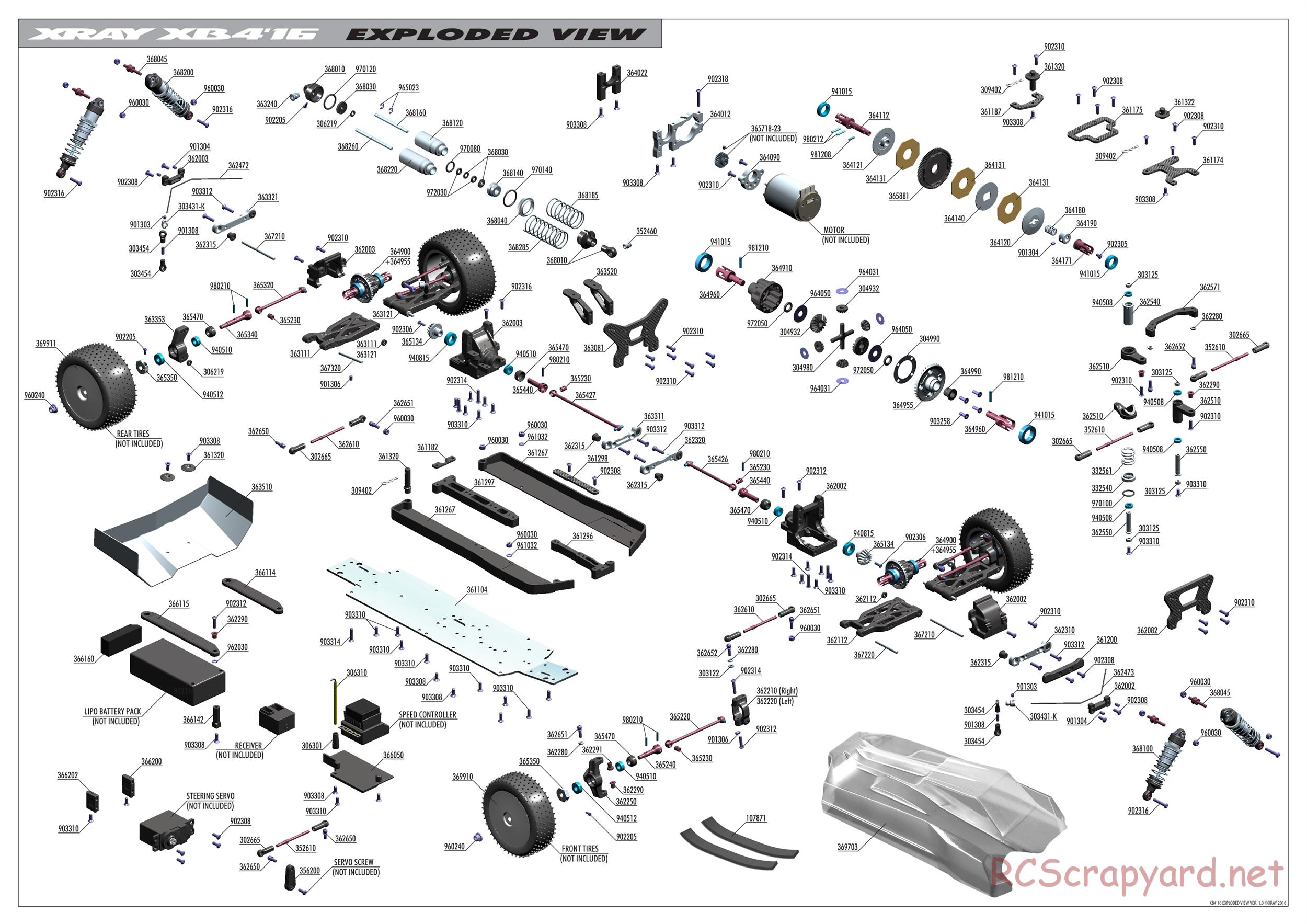 Xray - XB4 2016 (XB4'16) - 4WD - Exploded View