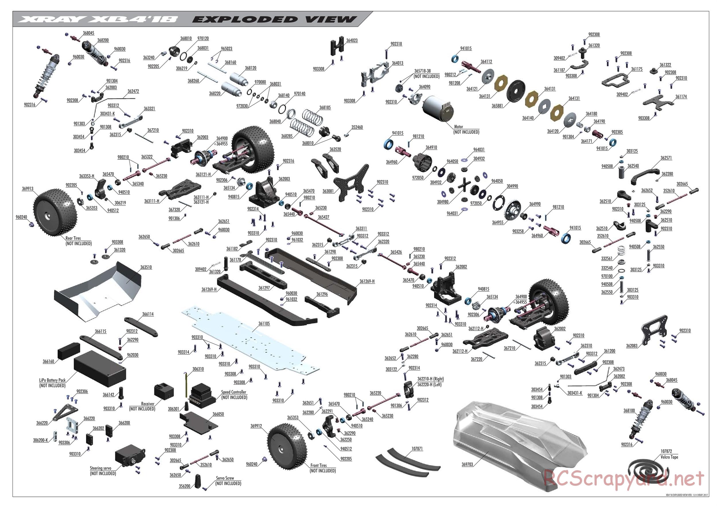 Xray - XB4 2018 (XB4'18) - 4WD - Exploded View
