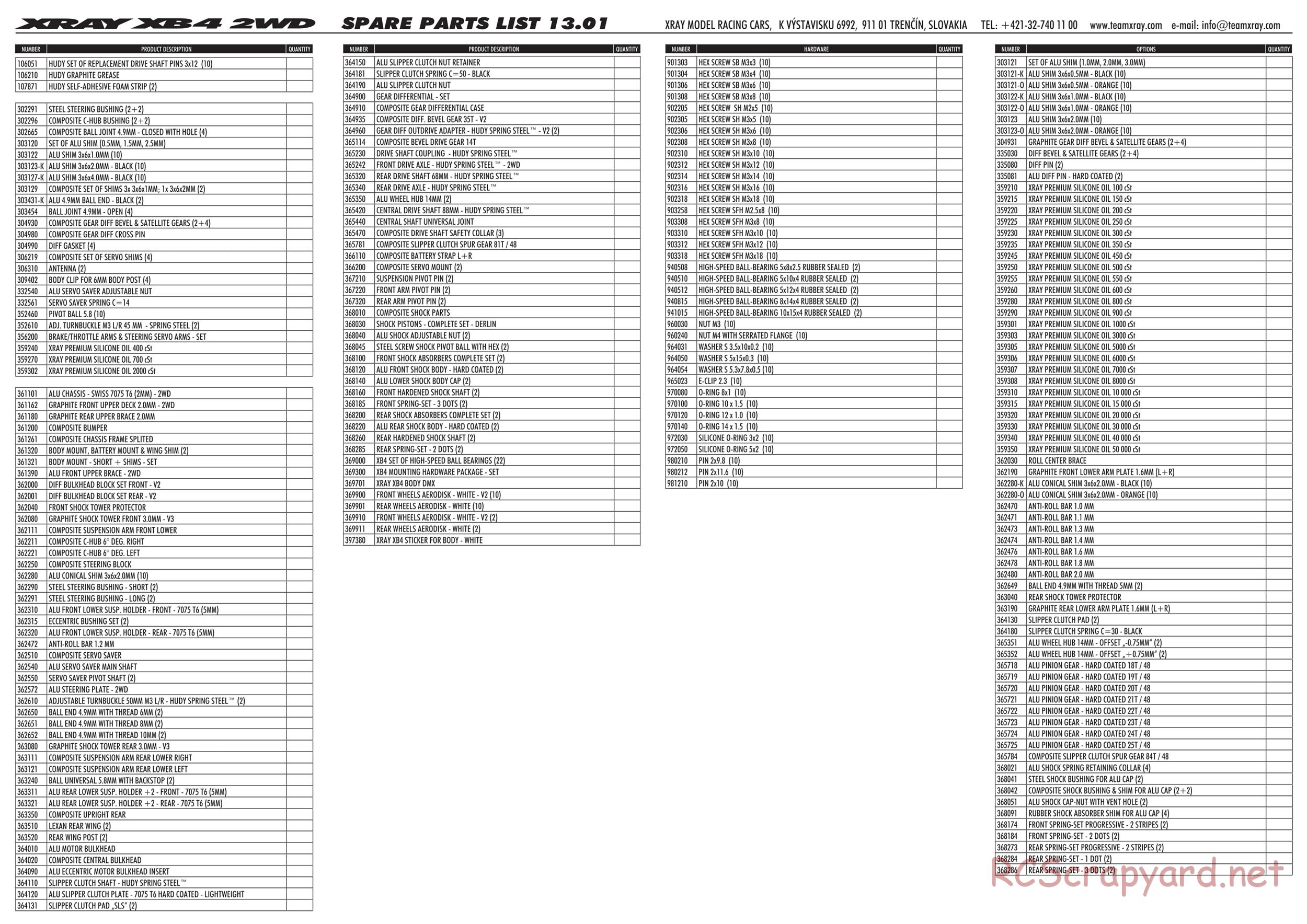 Xray - XB4 - 2WD - Parts List