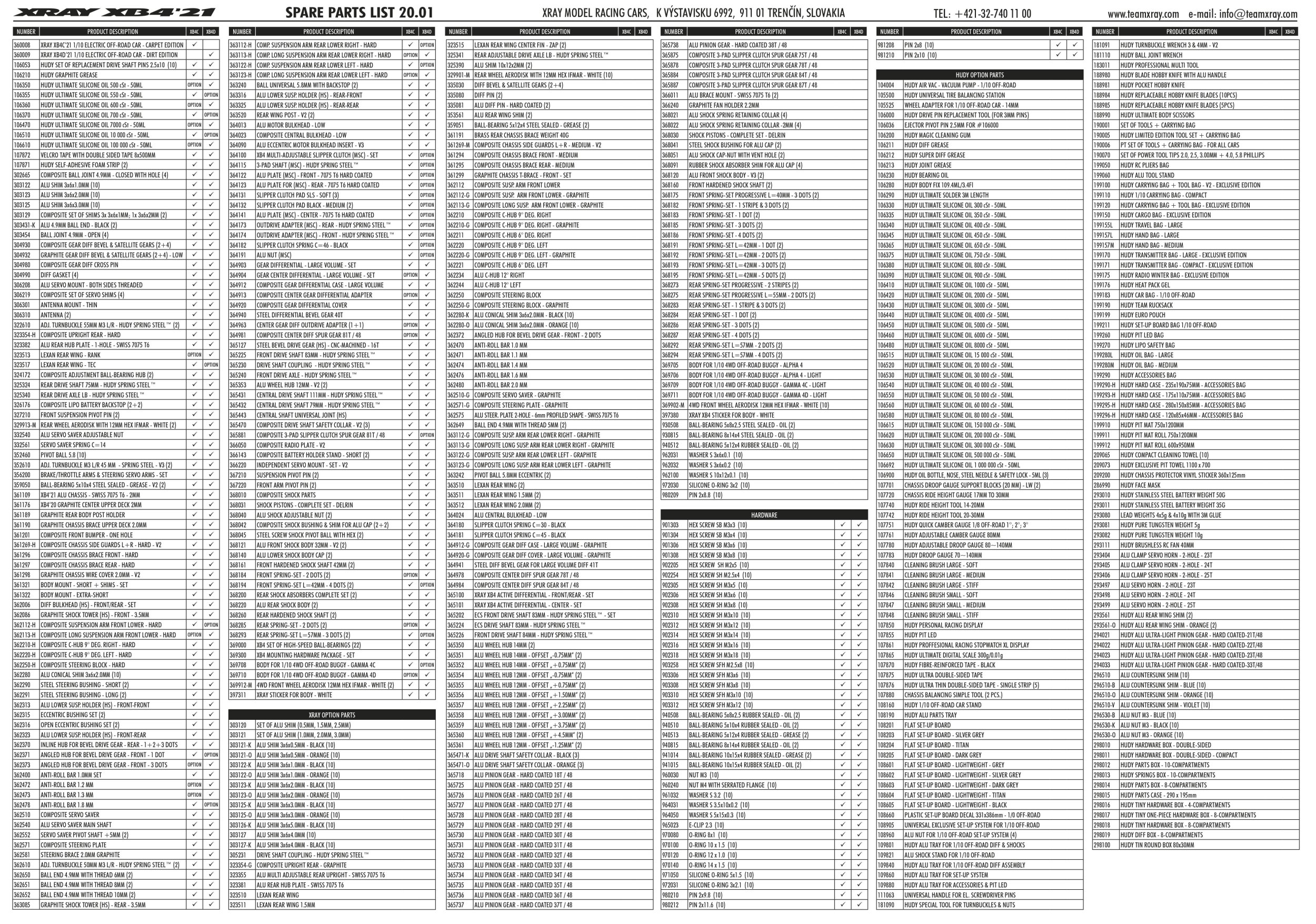Xray - XB4C 2021 (XB4C'21) - Parts List
