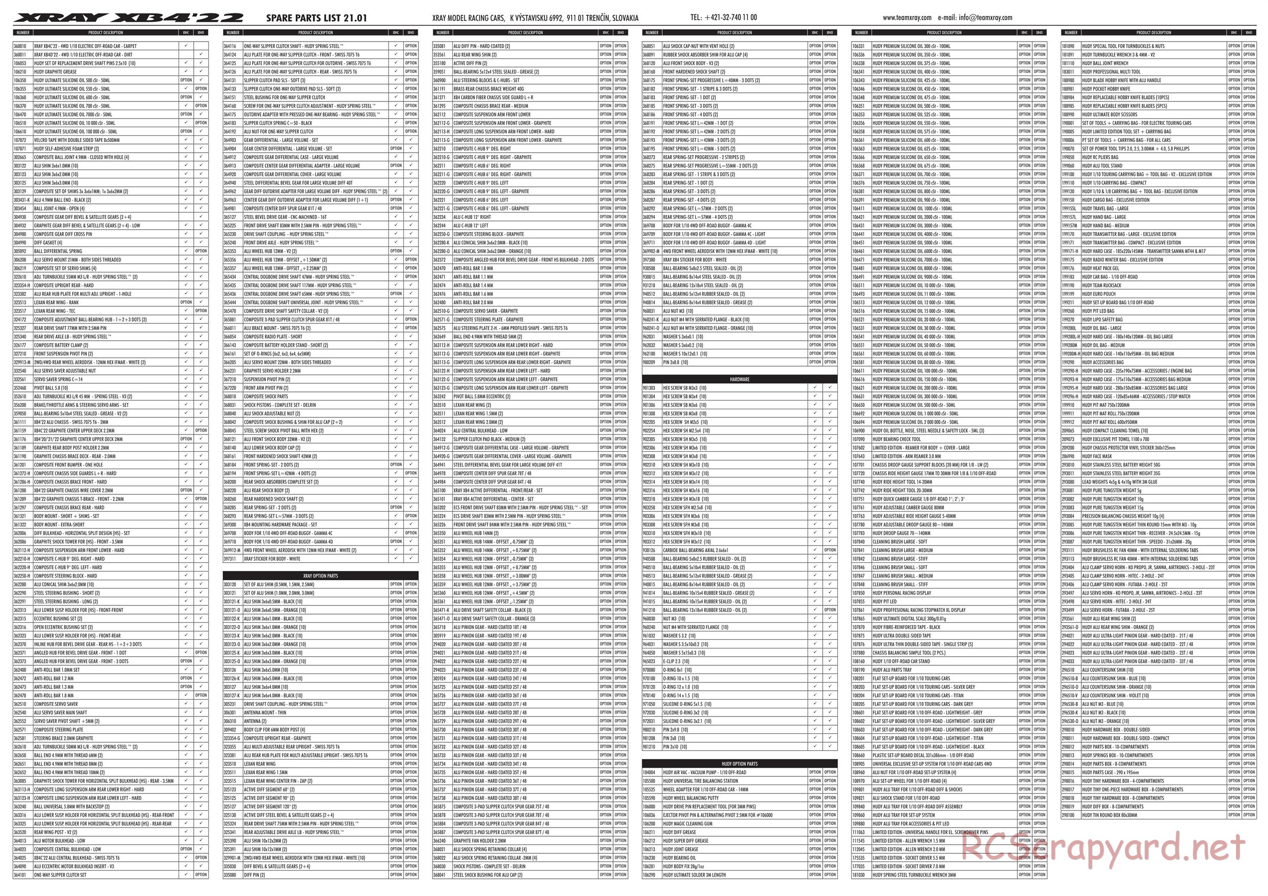 Xray - XB4C 2022 (XB4C'22) - Parts List