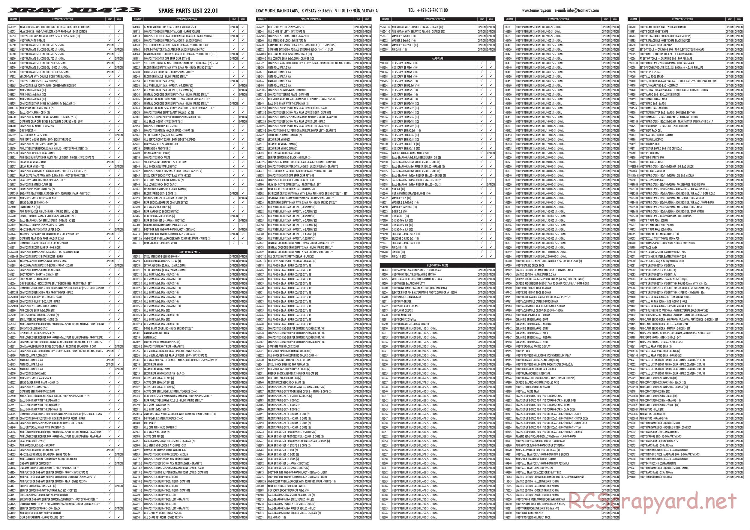 Xray - XB4D 2023 (XB4D'23) - Parts List