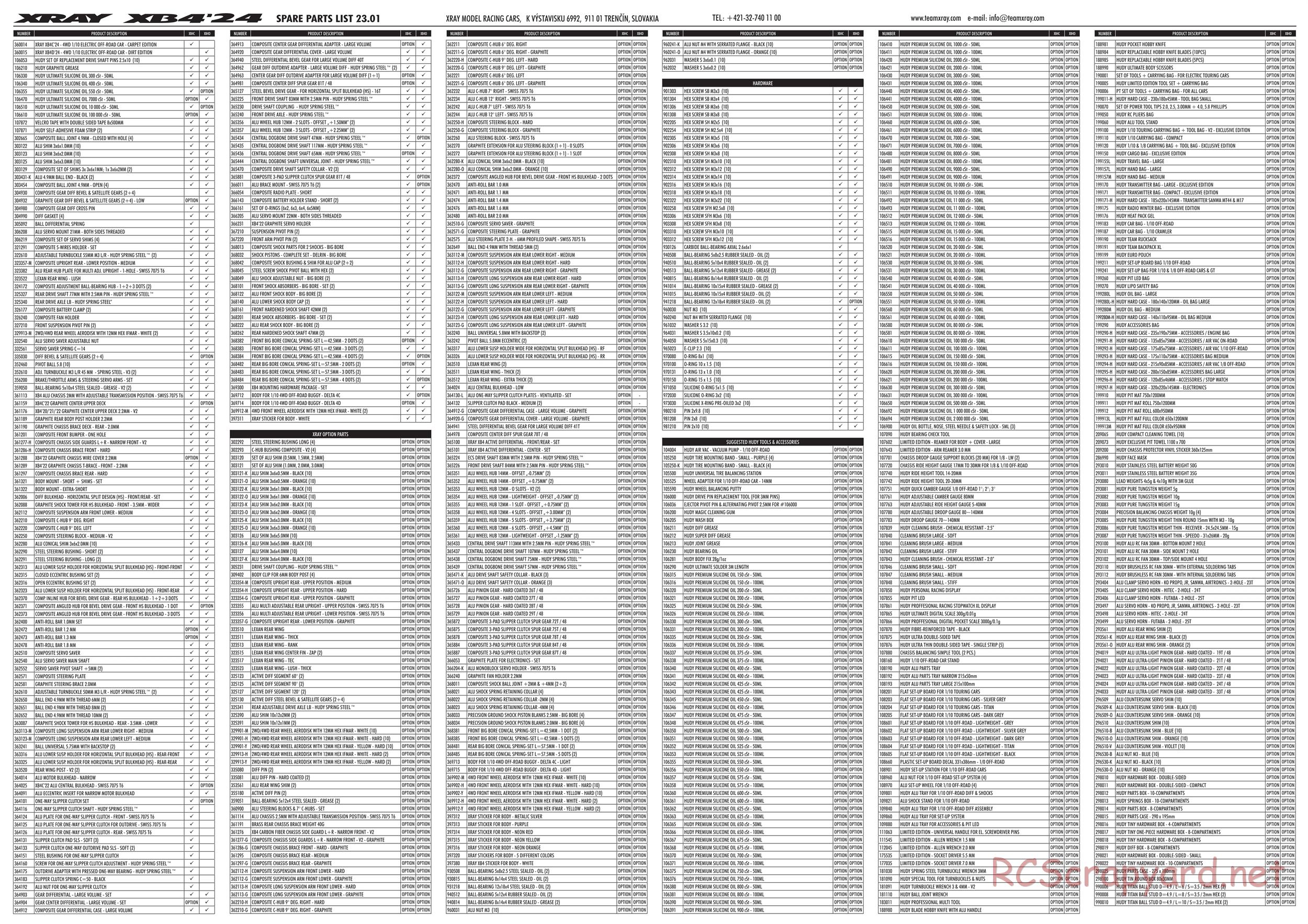 Xray - XB4D 2024 (XB4D'24) - Parts List