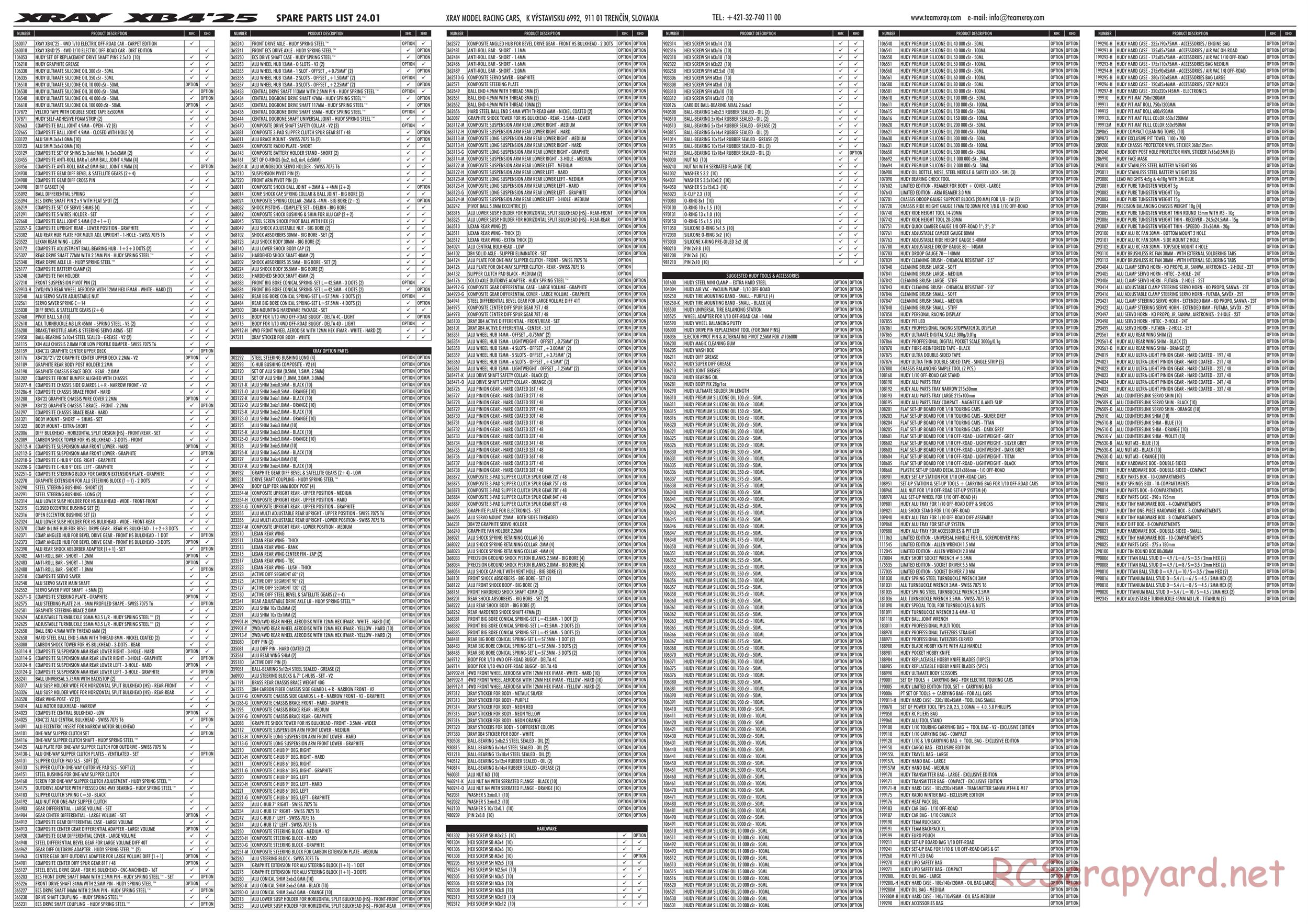 Xray - XB4D 2025 (XB4D'25) - Parts List