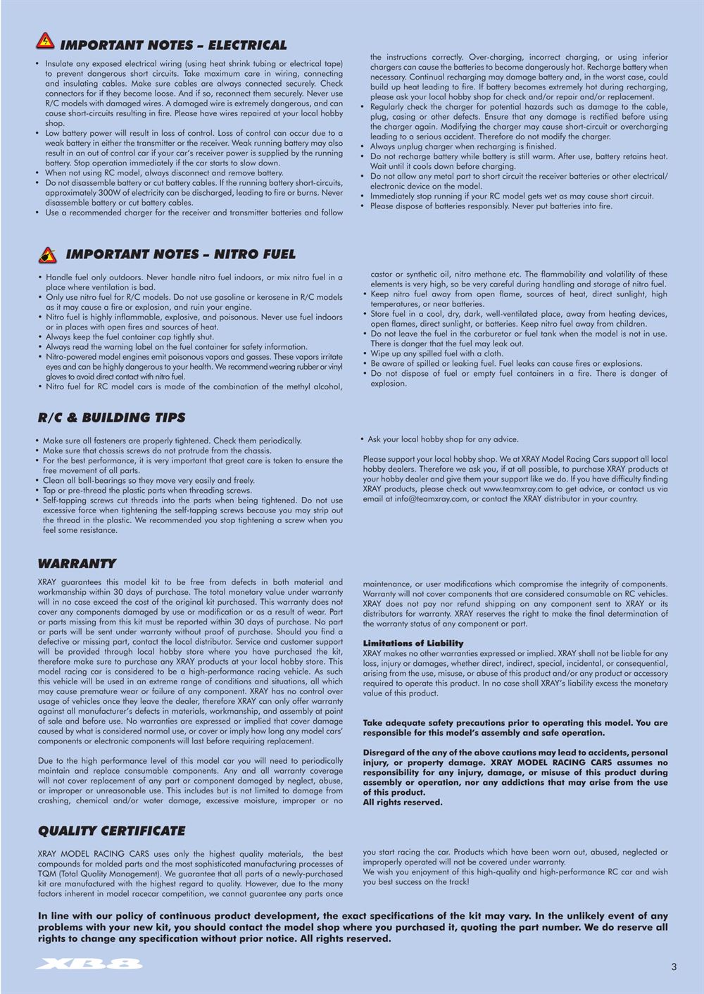 Xray - XB8 2014 Specs (XB8'14) - Manual - Page 3