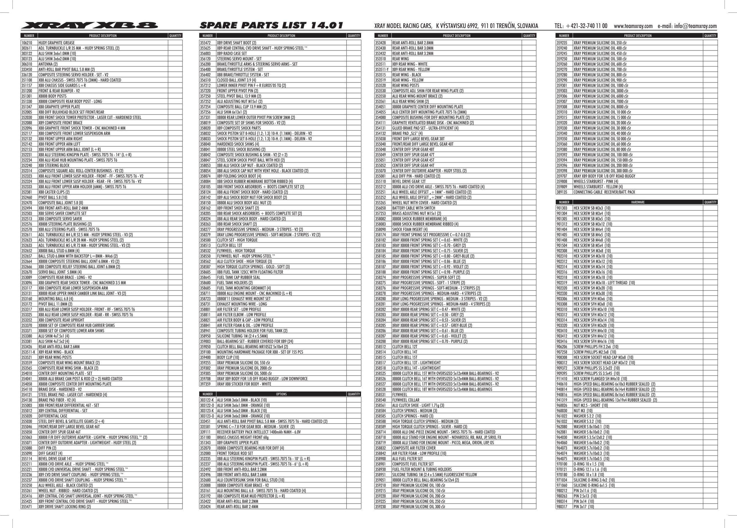 Xray - XB8 2014 Specs (XB8'14) - Parts List