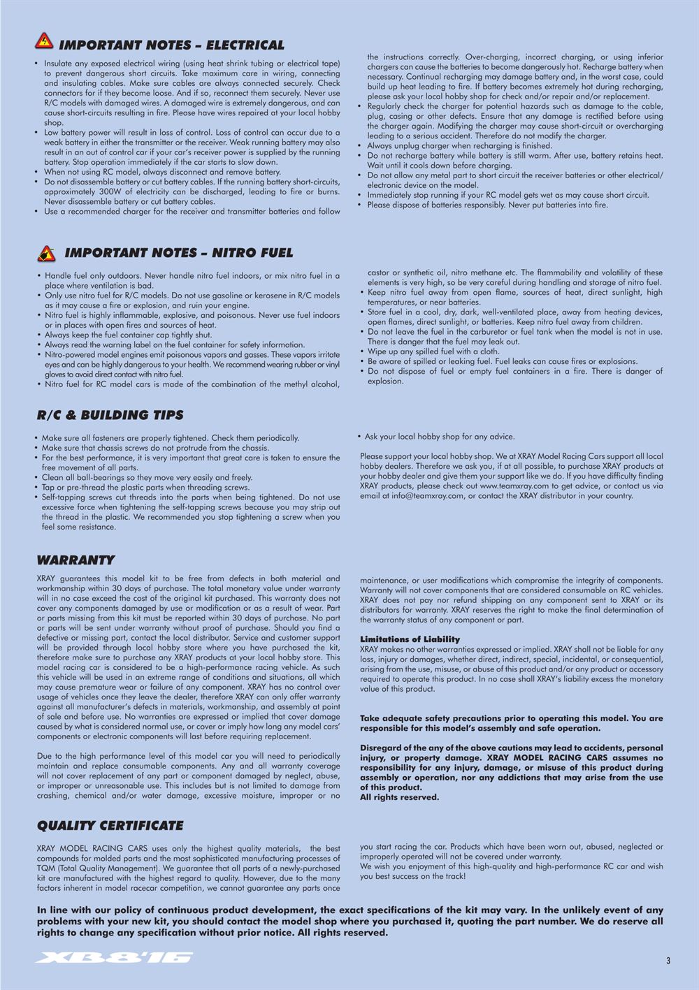 Xray - XB8 2016 Specs (XB8'16) - Manual - Page 3