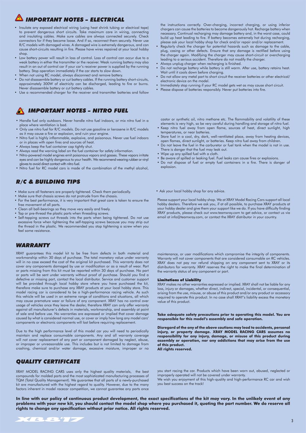 Xray - XB8 2017 Specs (XB8'17) - Manual - Page 3