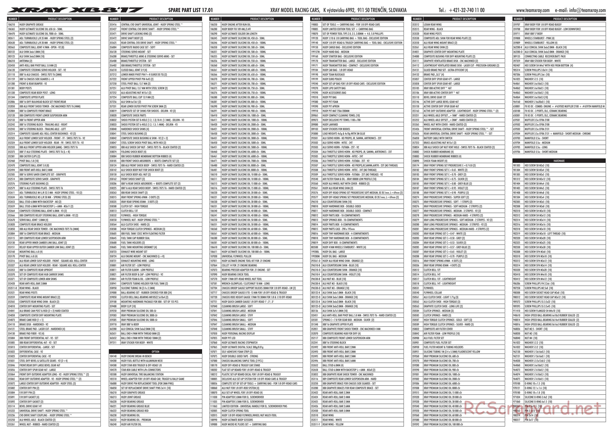 Xray - XB8 2017 Specs (XB8'17) - Parts List