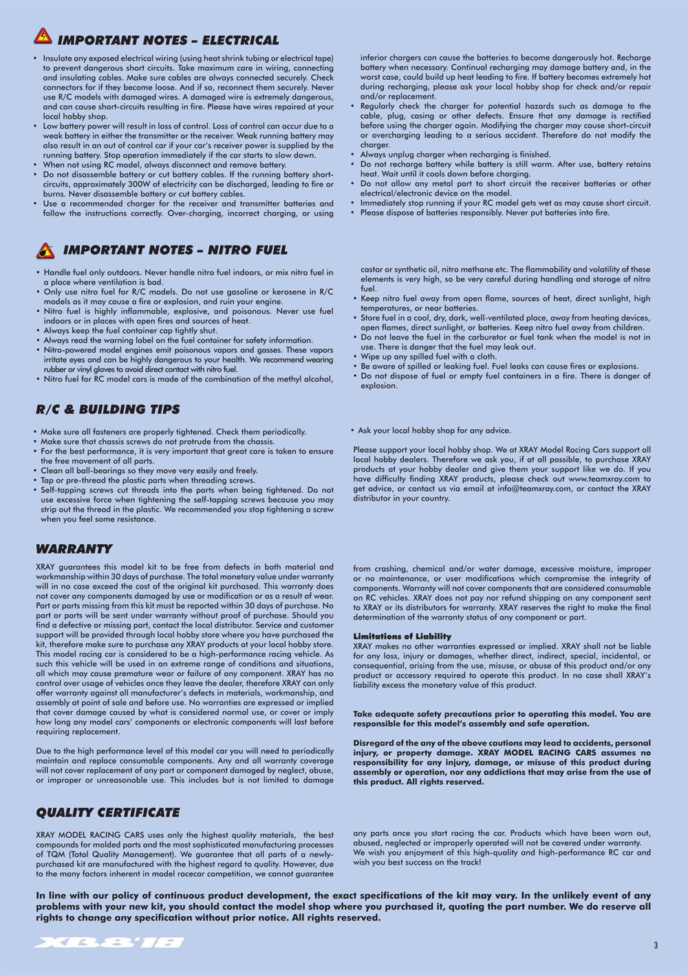 Xray - XB8 2018 Specs (XB8'18) - Manual - Page 3