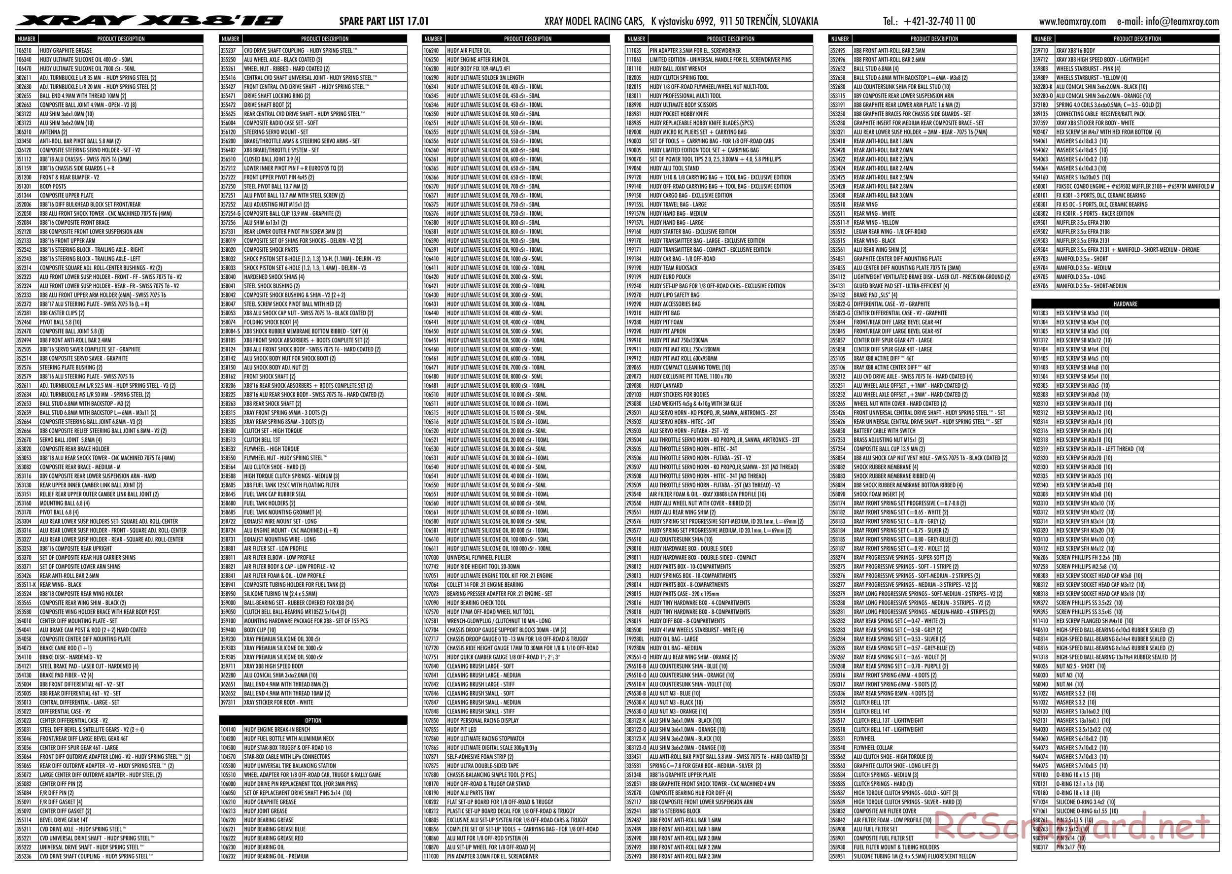 Xray - XB8 2018 Specs (XB8'18) - Parts List