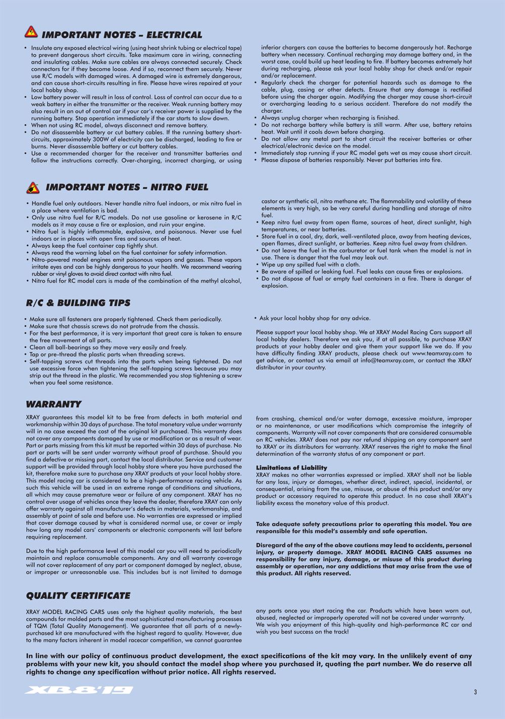Xray - XB8 2019 Specs (XB8'19) - Manual - Page 3