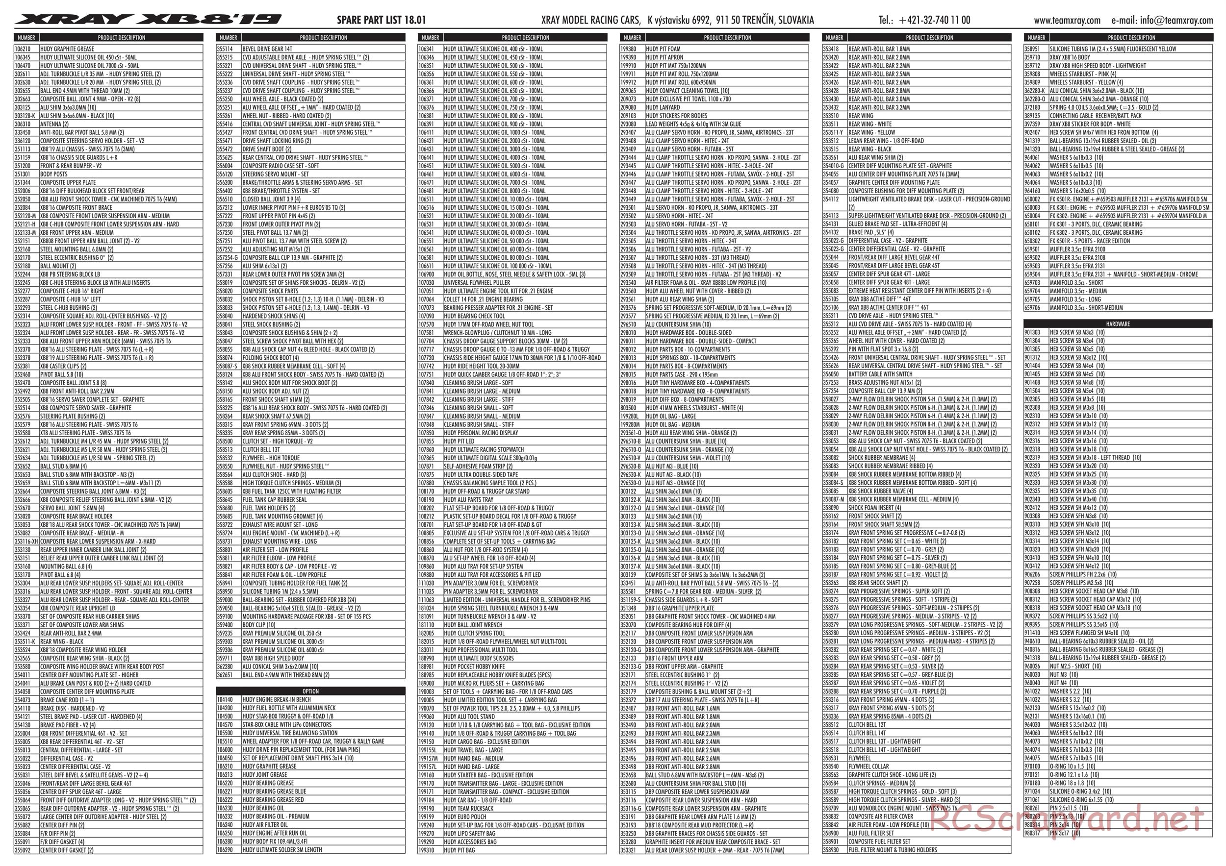 Xray - XB8 2019 Specs (XB8'19) - Parts List