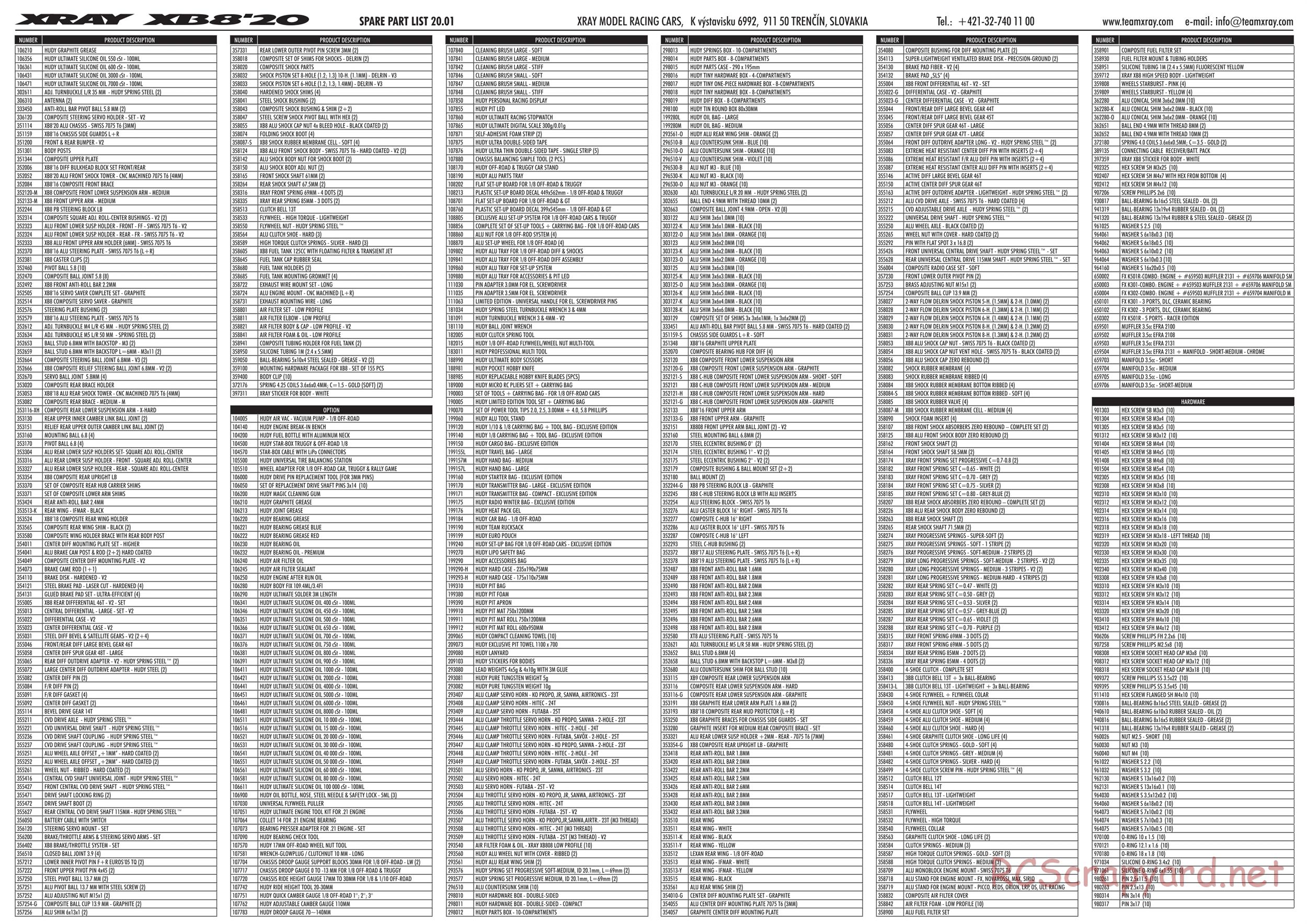 Xray - XB8 2020 Specs (XB8'20) - Parts List