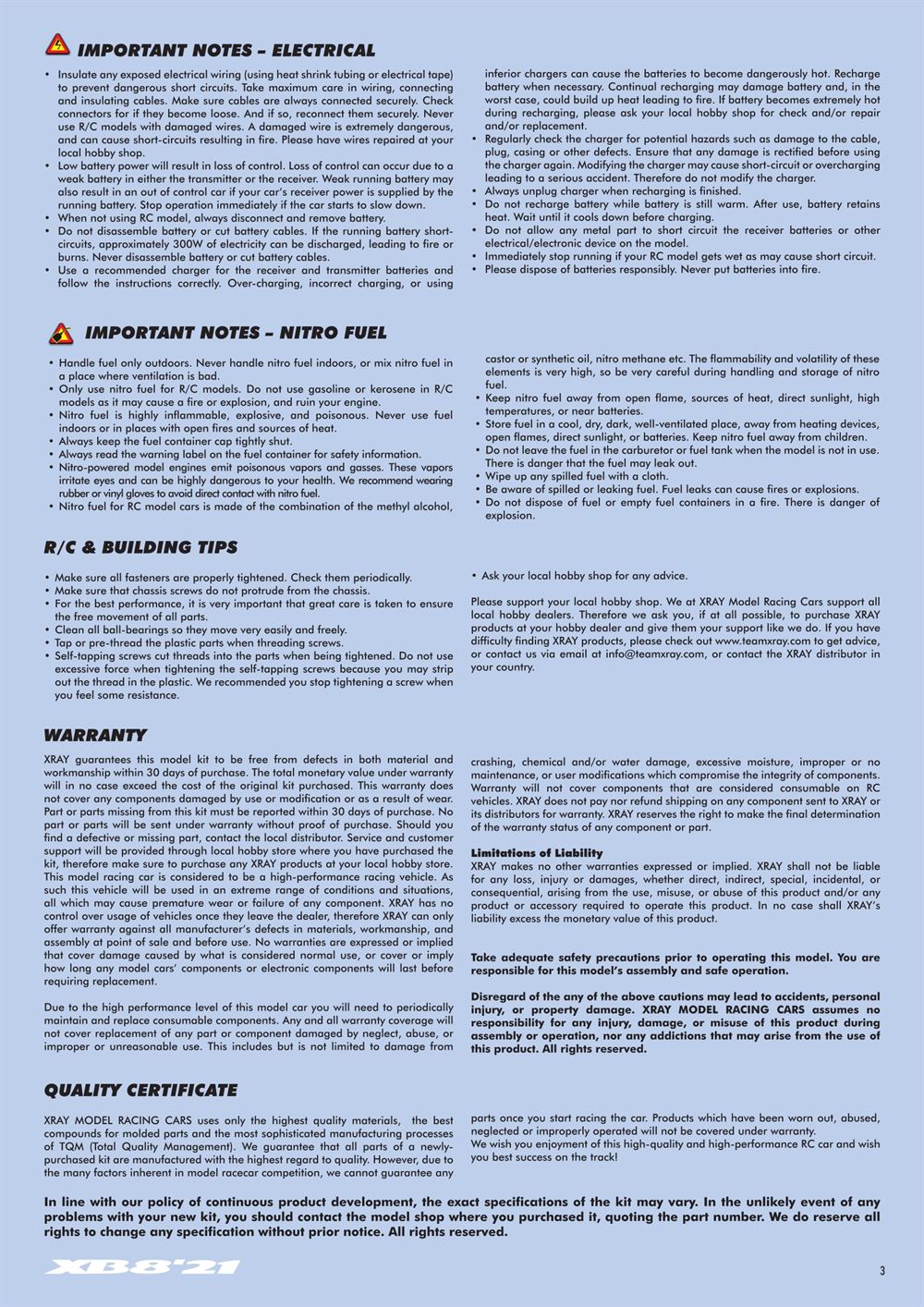 Xray - XB8 2021 Specs (XB8'21) - Manual - Page 3