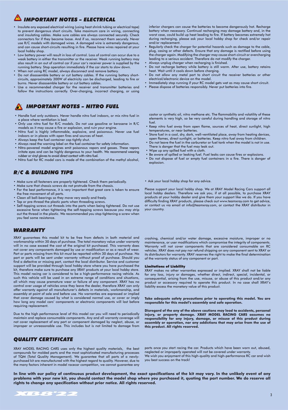 Xray - XB8 2022 Specs (XB8'22) - Manual - Page 3
