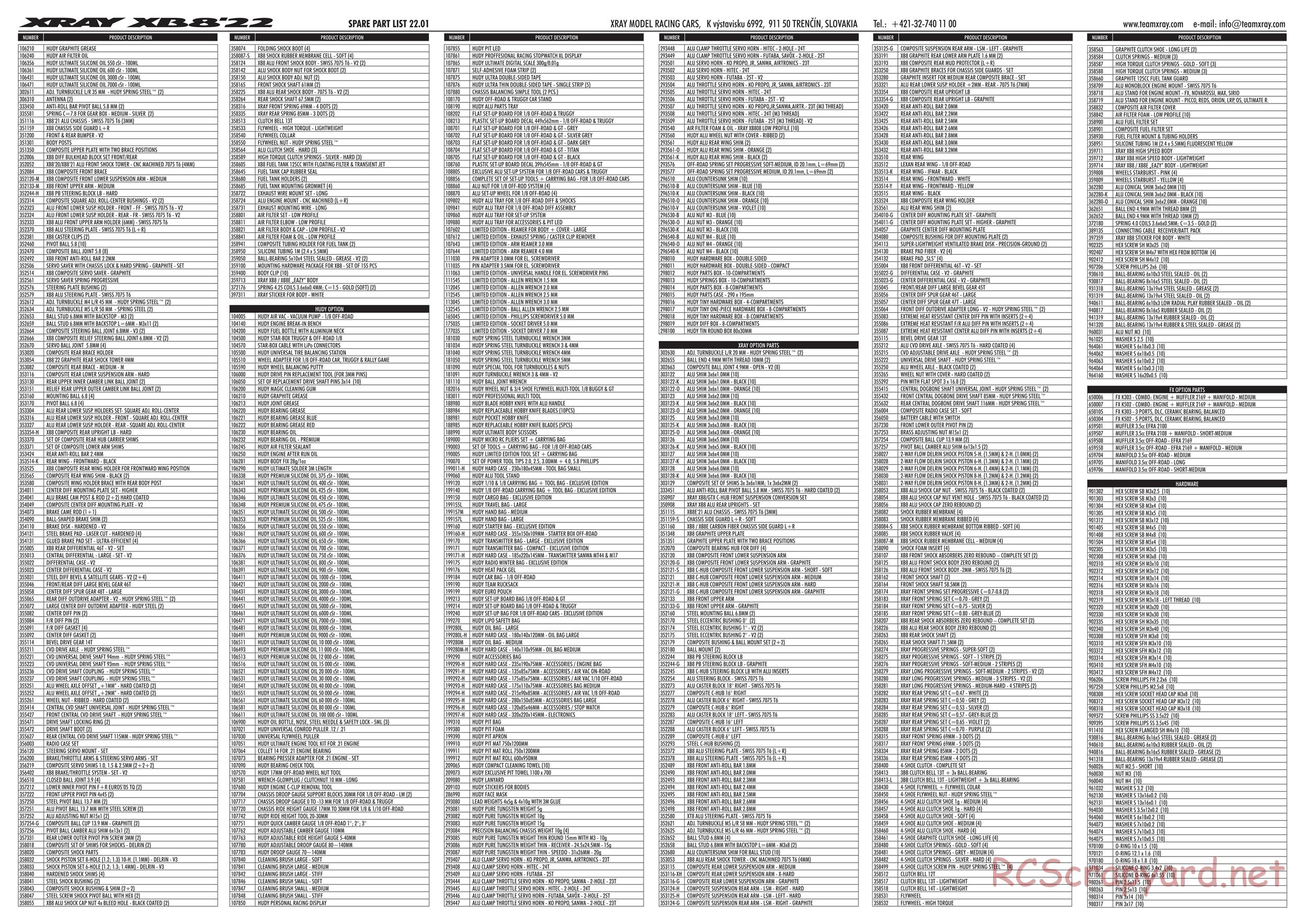 Xray - XB8 2022 Specs (XB8'22) - Parts List