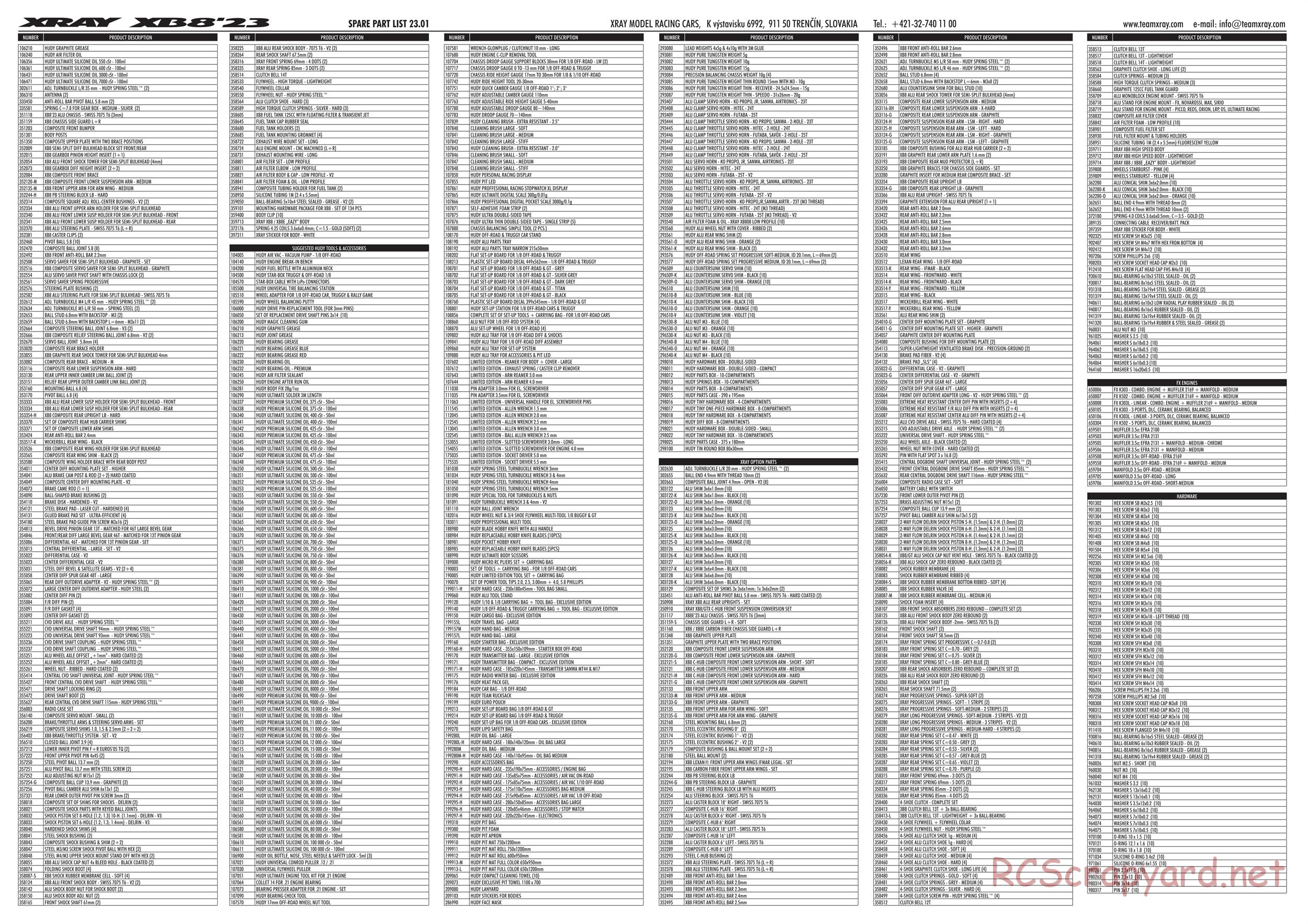 Xray - XB8 2023 Specs (XB8'23) - Parts List