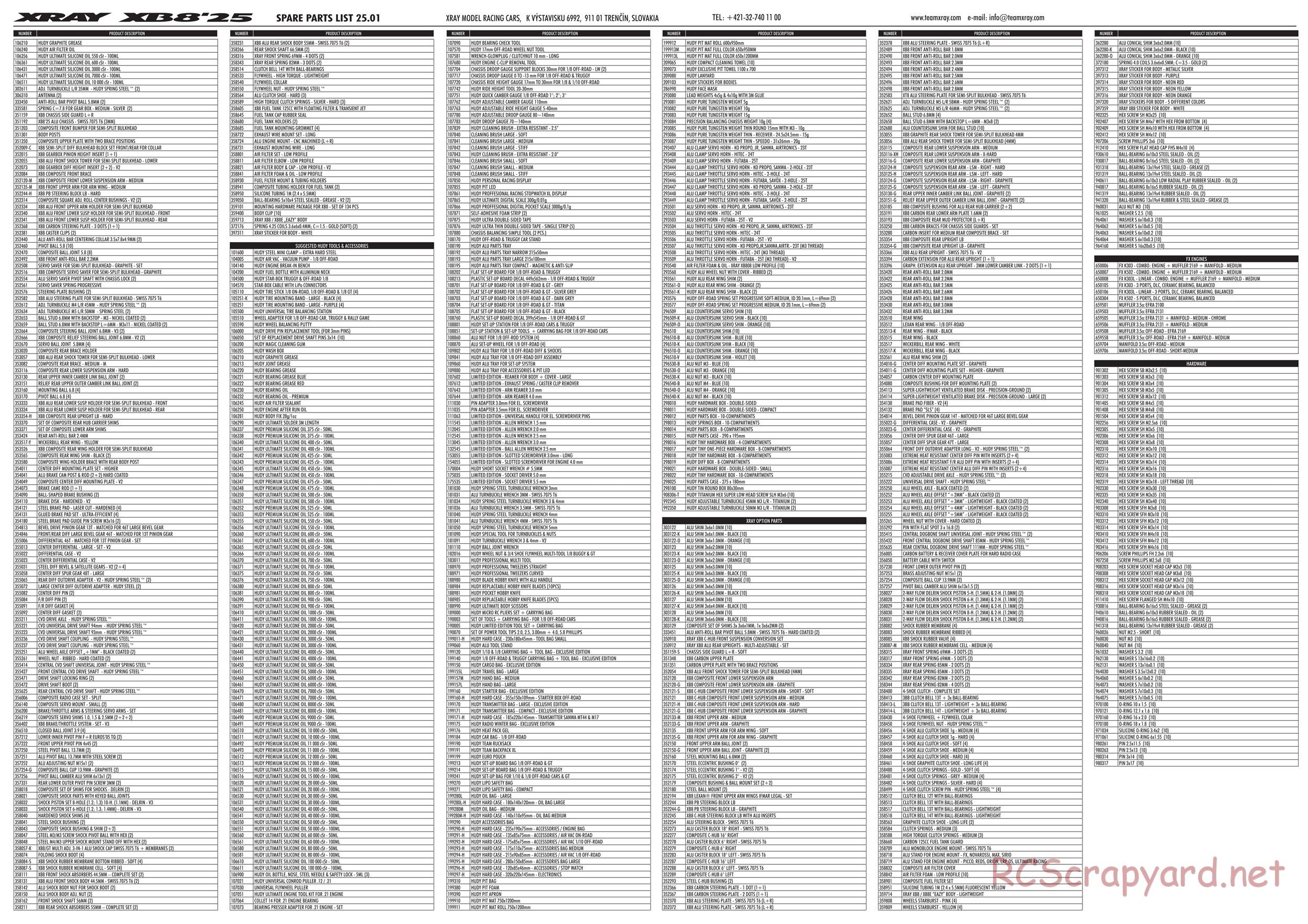 Xray - XB8 2025 Specs (XB8'25) - Parts List