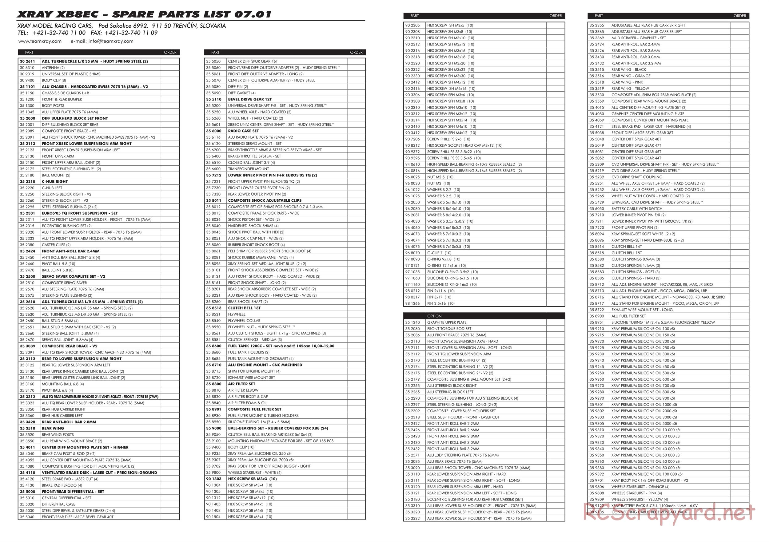 Xray - XB8 EC - Parts List