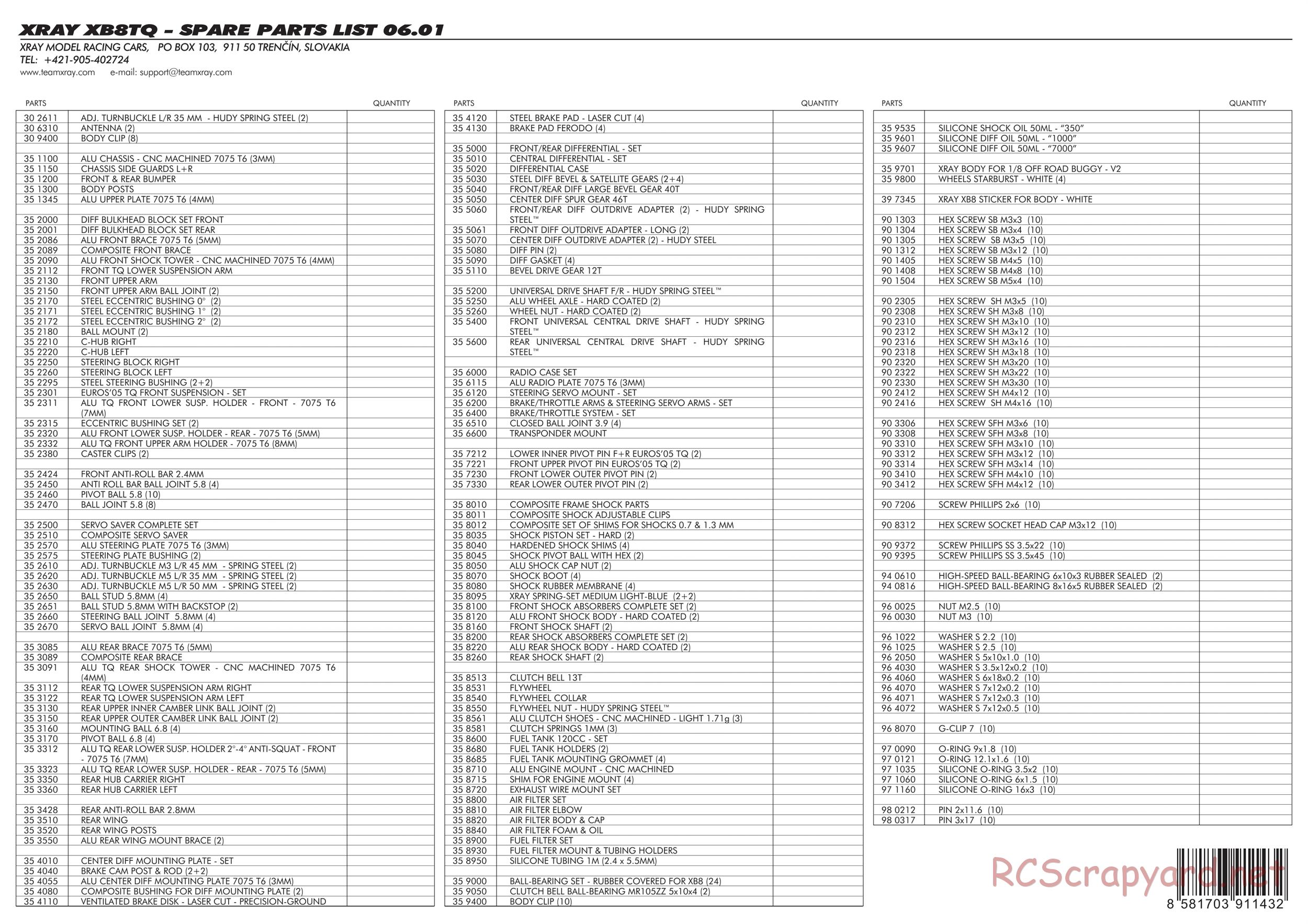 Xray - XB8 TQ - Parts List