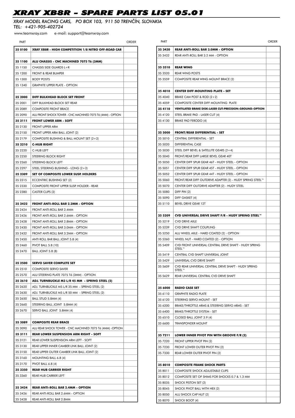Xray - XB8R - Parts List