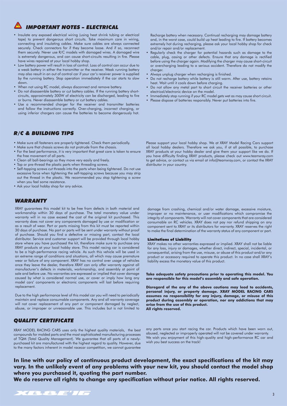 Xray - XB8E 2016 (XB8E'16) - Manual - Page 3
