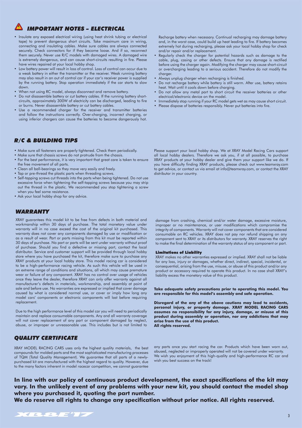 Xray - XB8E 2017 (XB8E'17) - Manual - Page 3