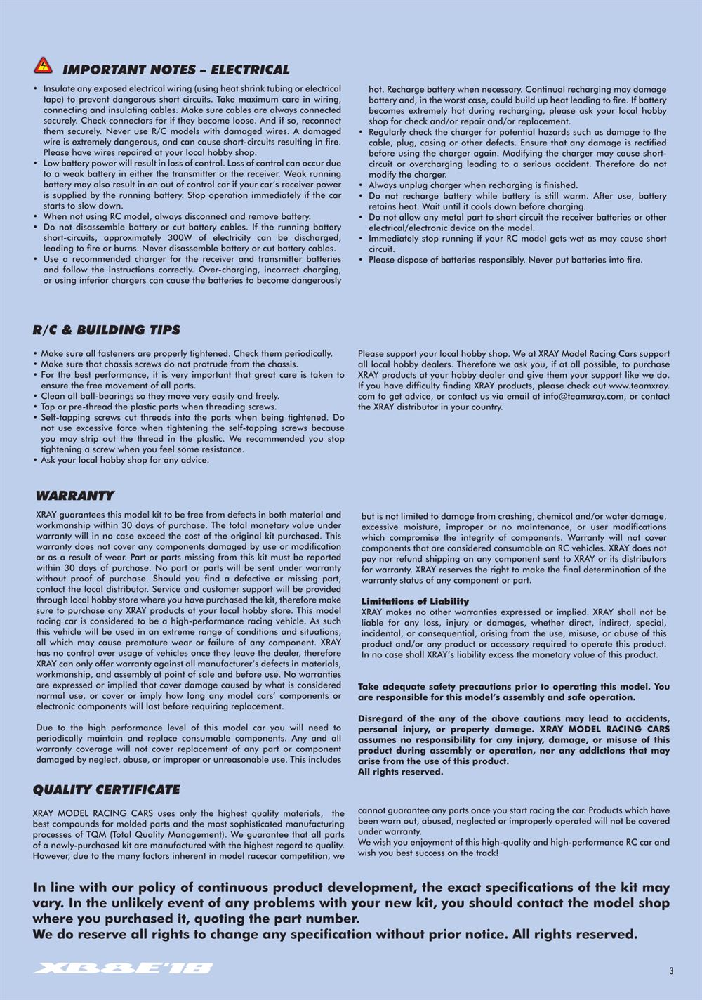 Xray - XB8E 2018 (XB8E'18) - Manual - Page 3