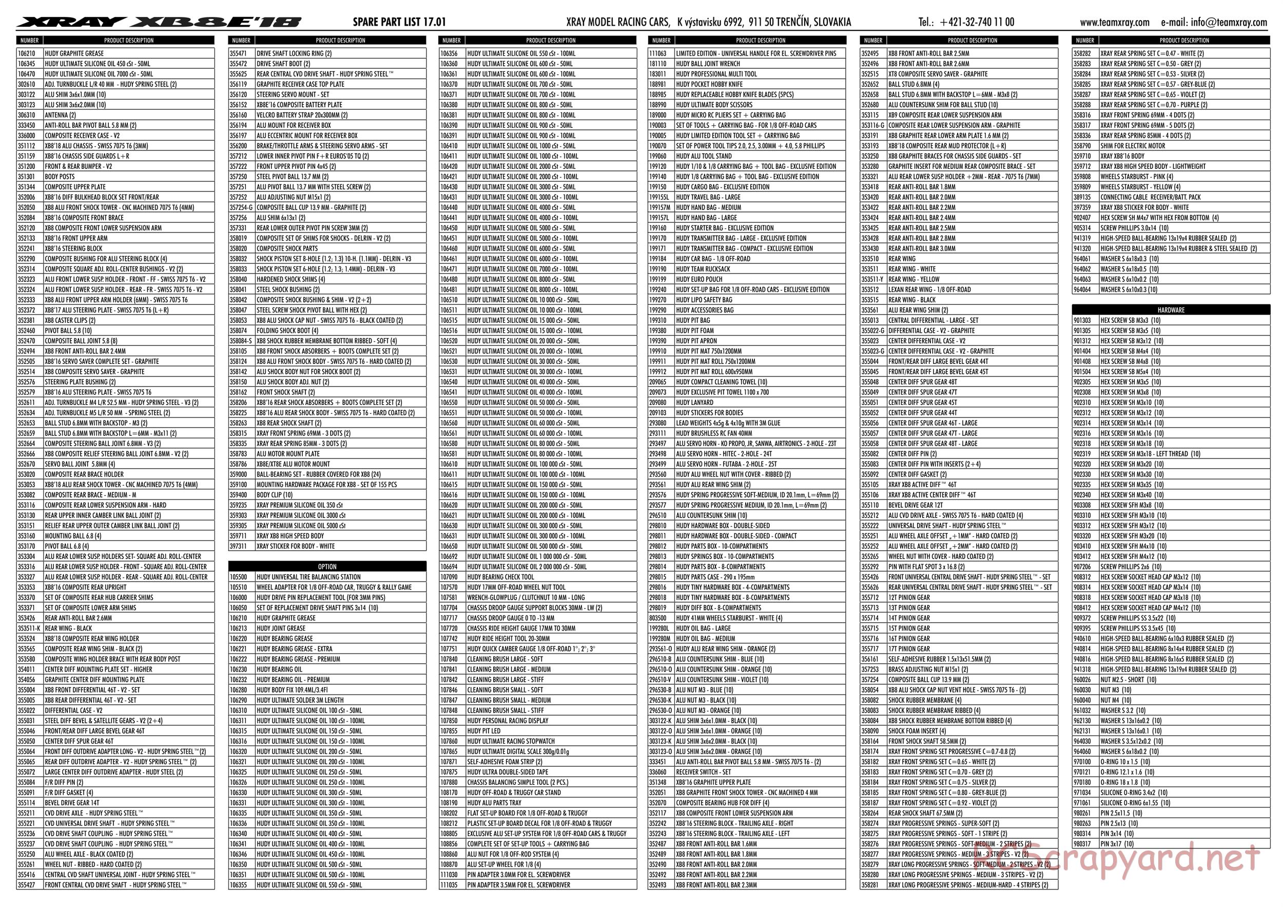 Xray - XB8E 2018 (XB8E'18) - Parts List