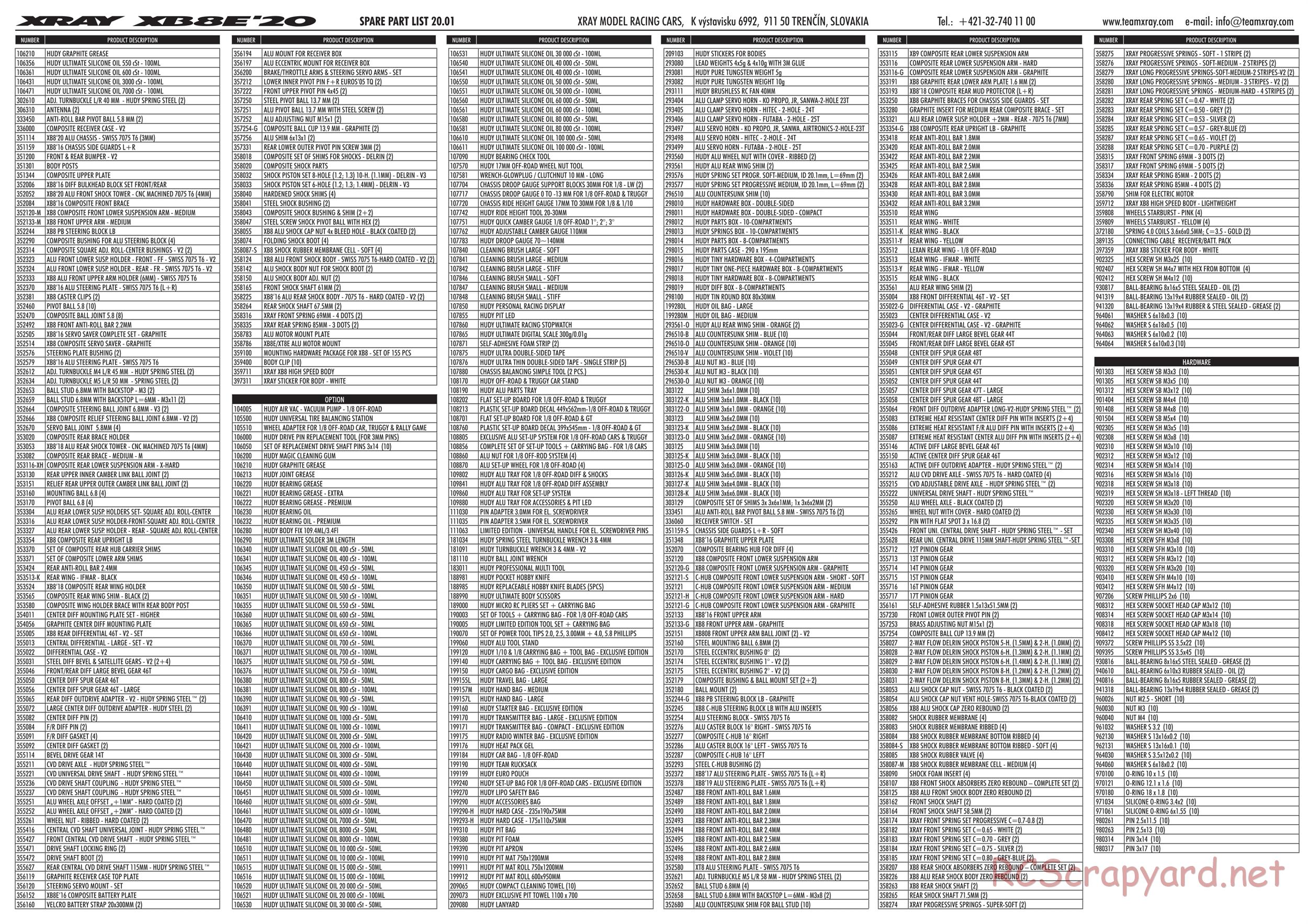 Xray - XB8E 2020 (XB8E'20) - Parts List