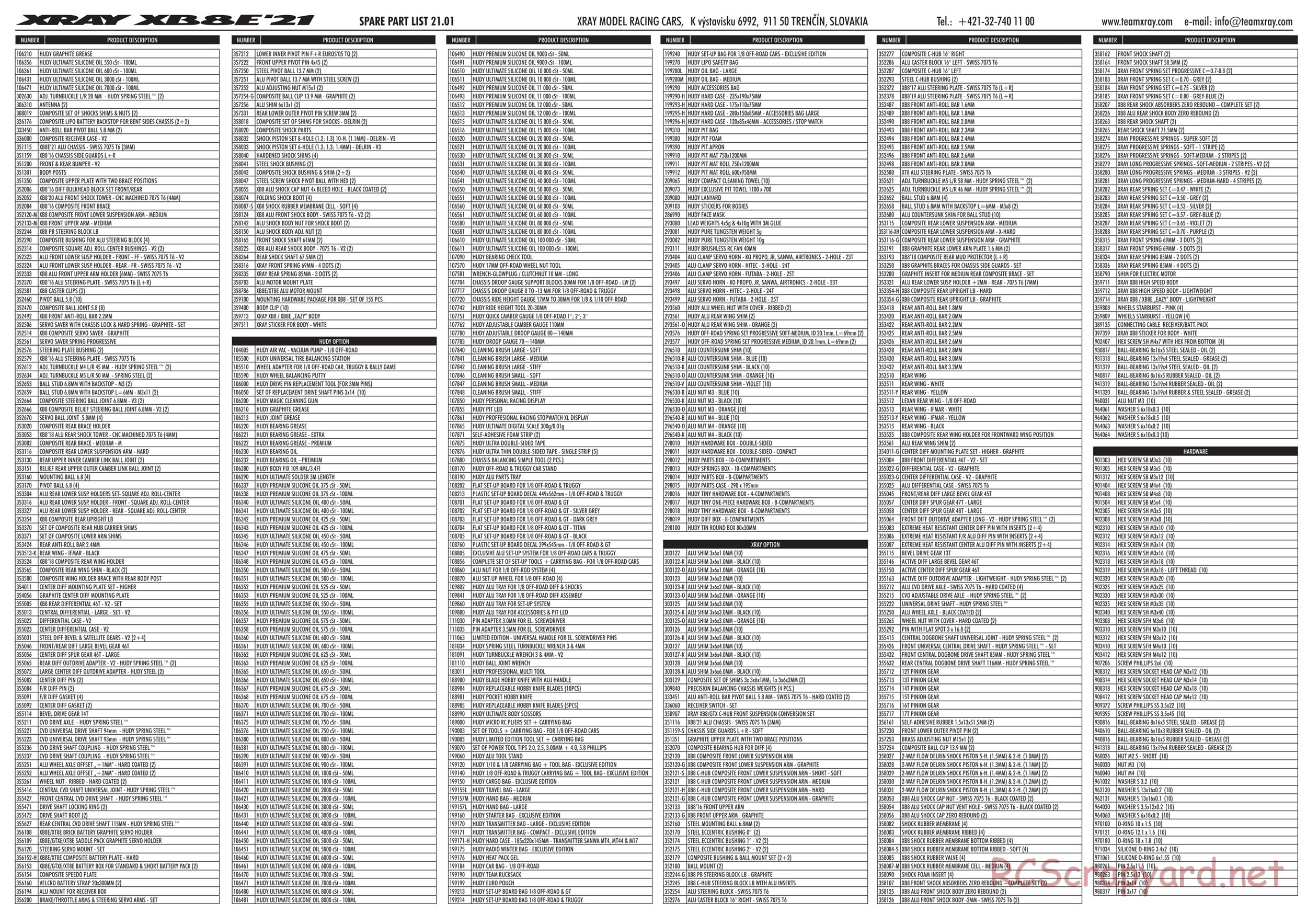 Xray - XB8E 2021 (XB8E'21) - Parts List