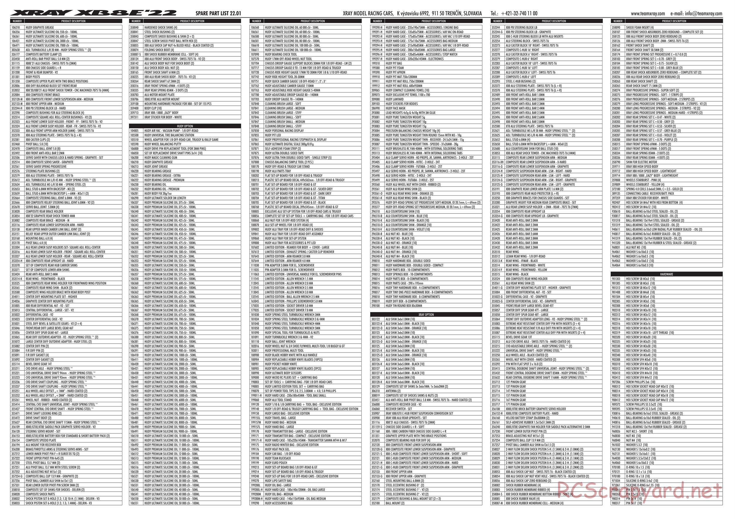 Xray - XB8E 2022 (XB8E'22) - Parts List