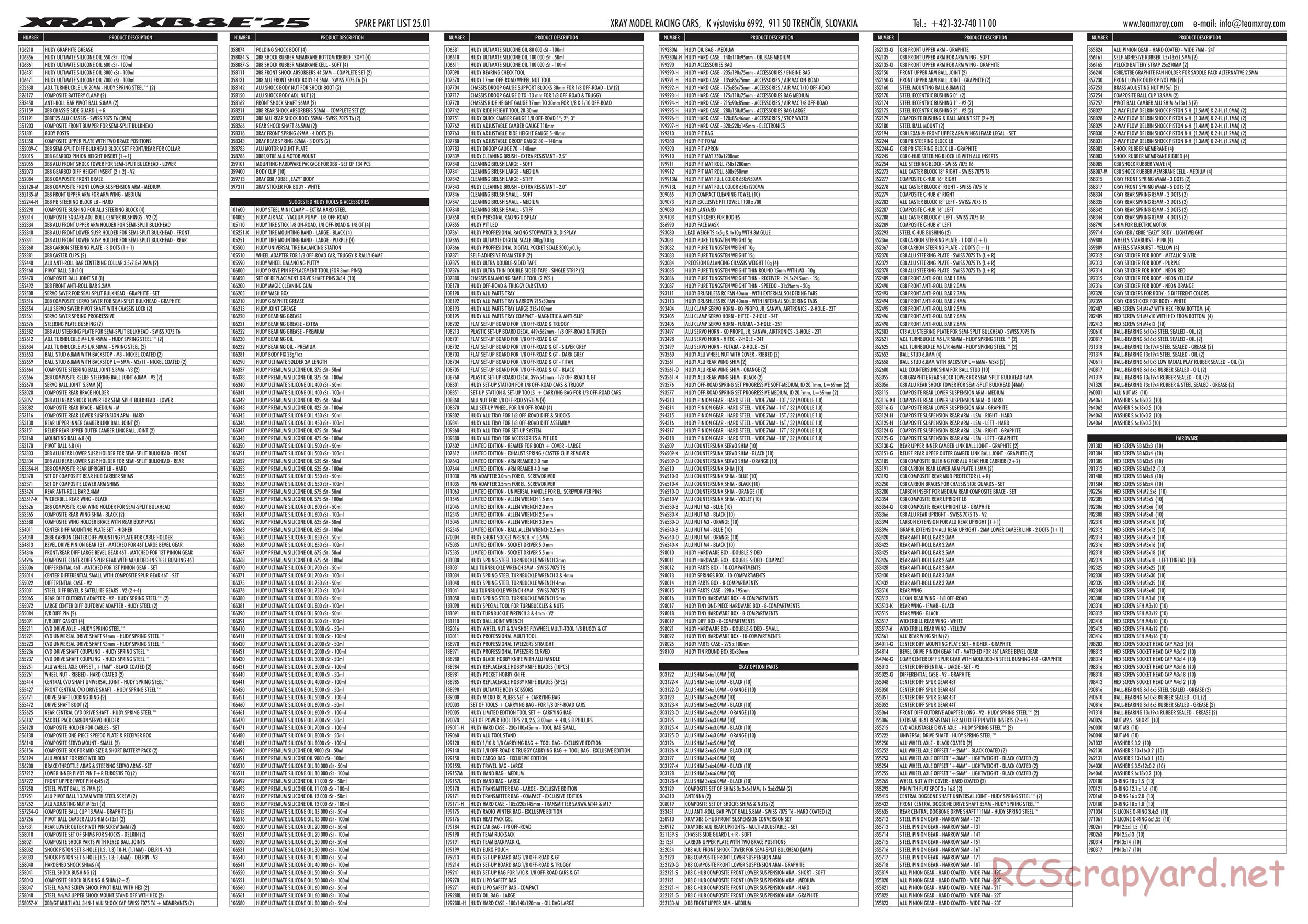 Xray - XB8E 2025 (XB8E'25) - Parts List