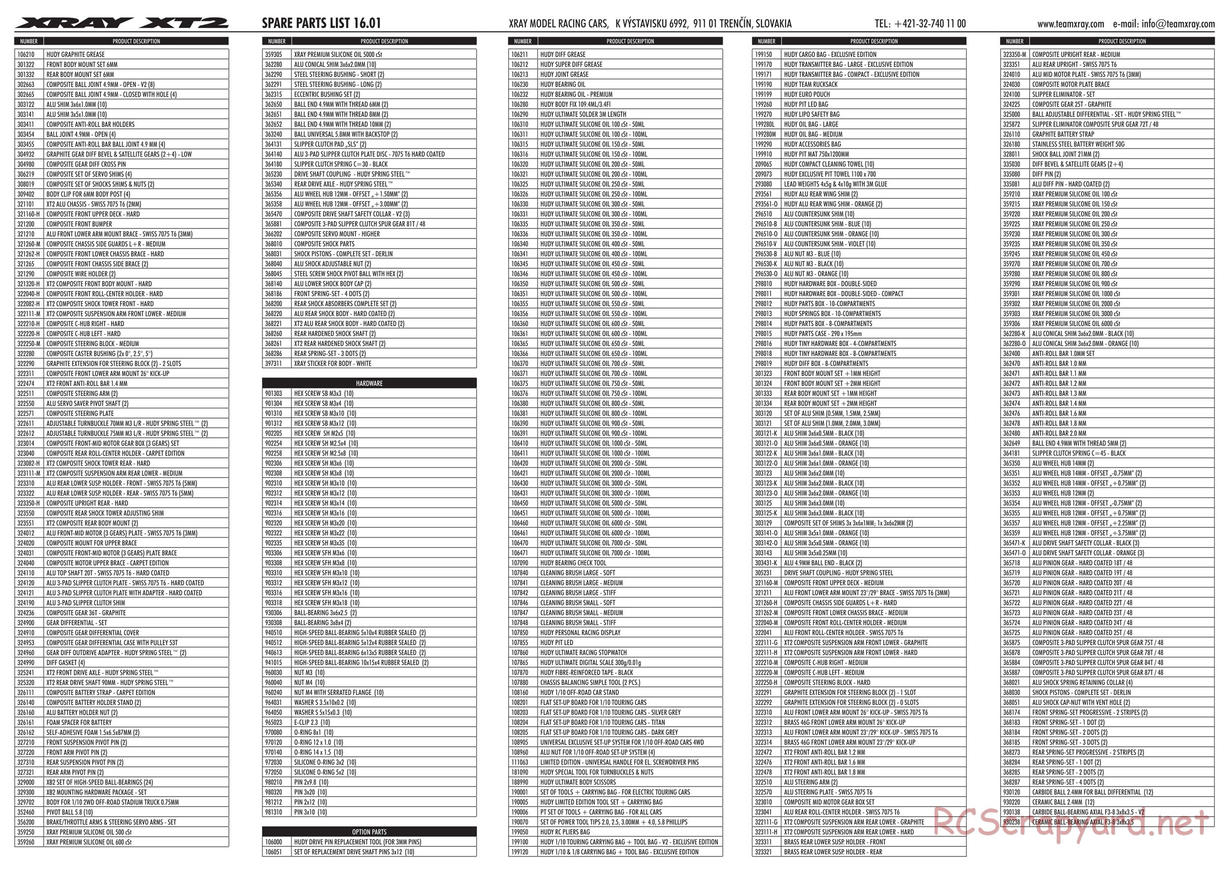 Xray - XT2 2017 (XT2'17) - Parts List
