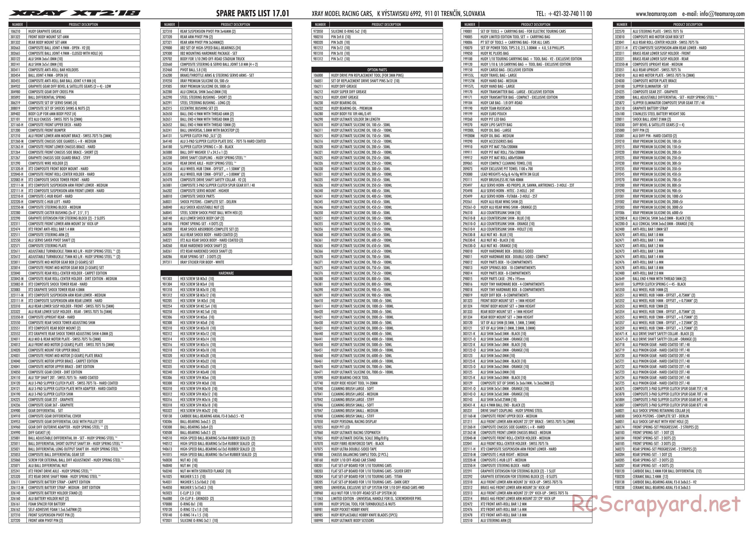 Xray - XT2 2018 (XT2'18) - Parts List