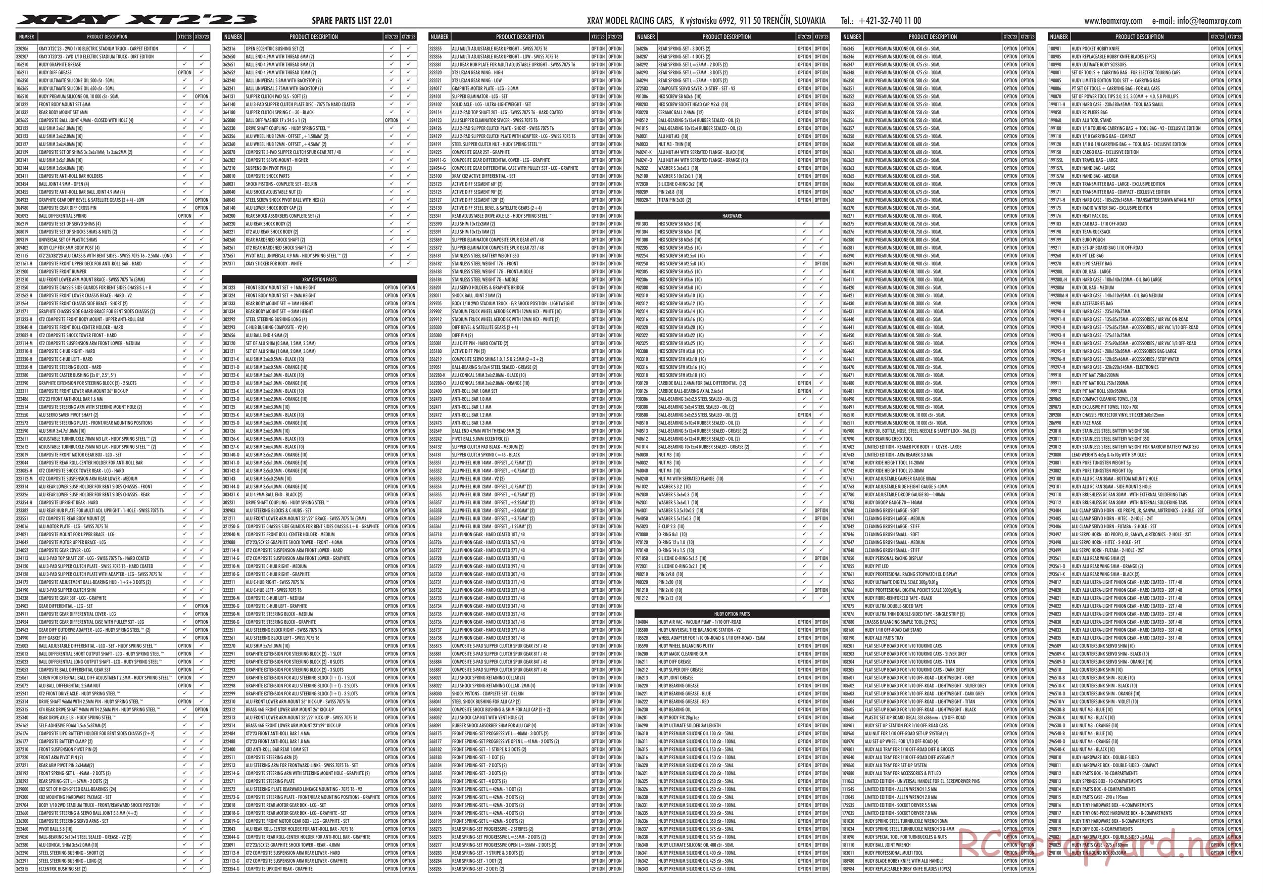 Xray - XT2D 2023 (XT2D'23) - Parts List