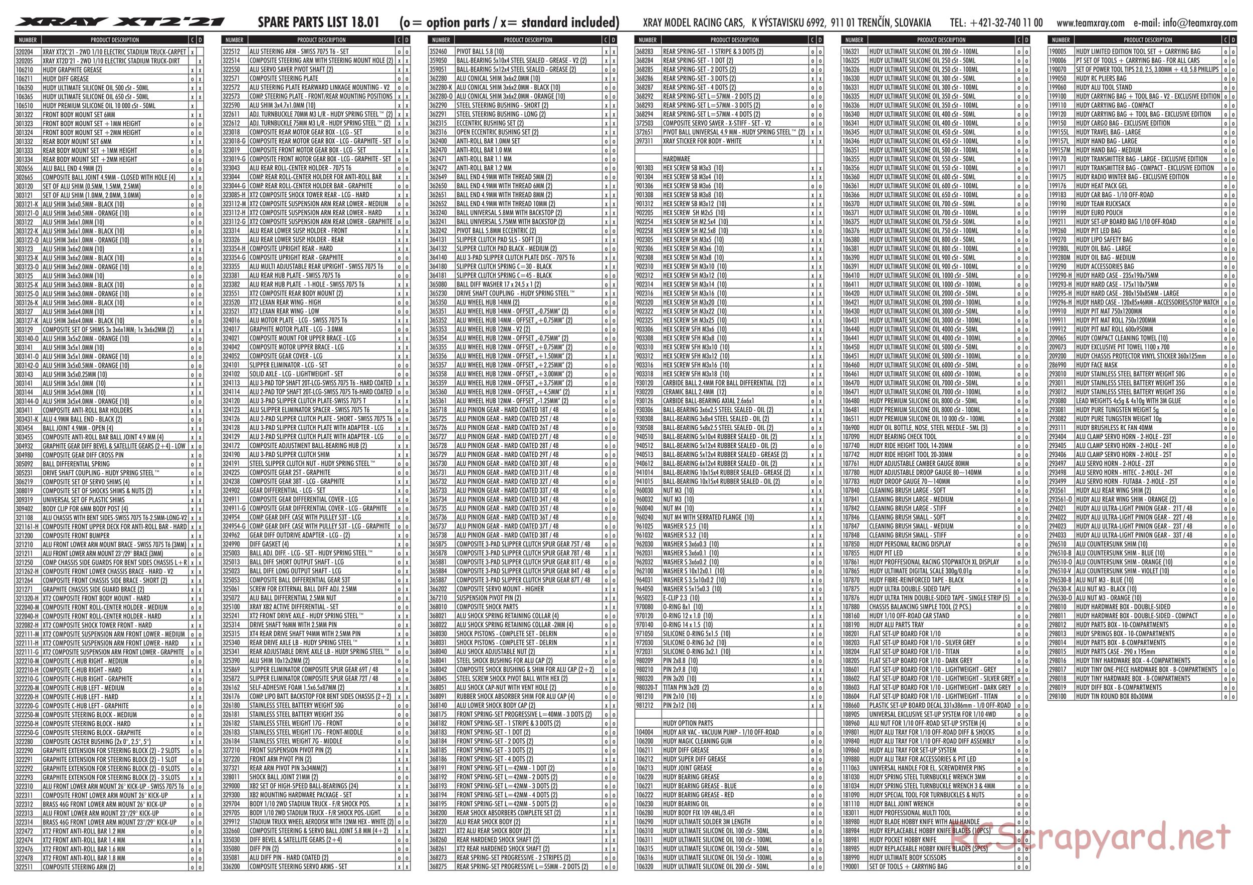 Xray - XT2D 2021 (XT2D'21) - Parts List