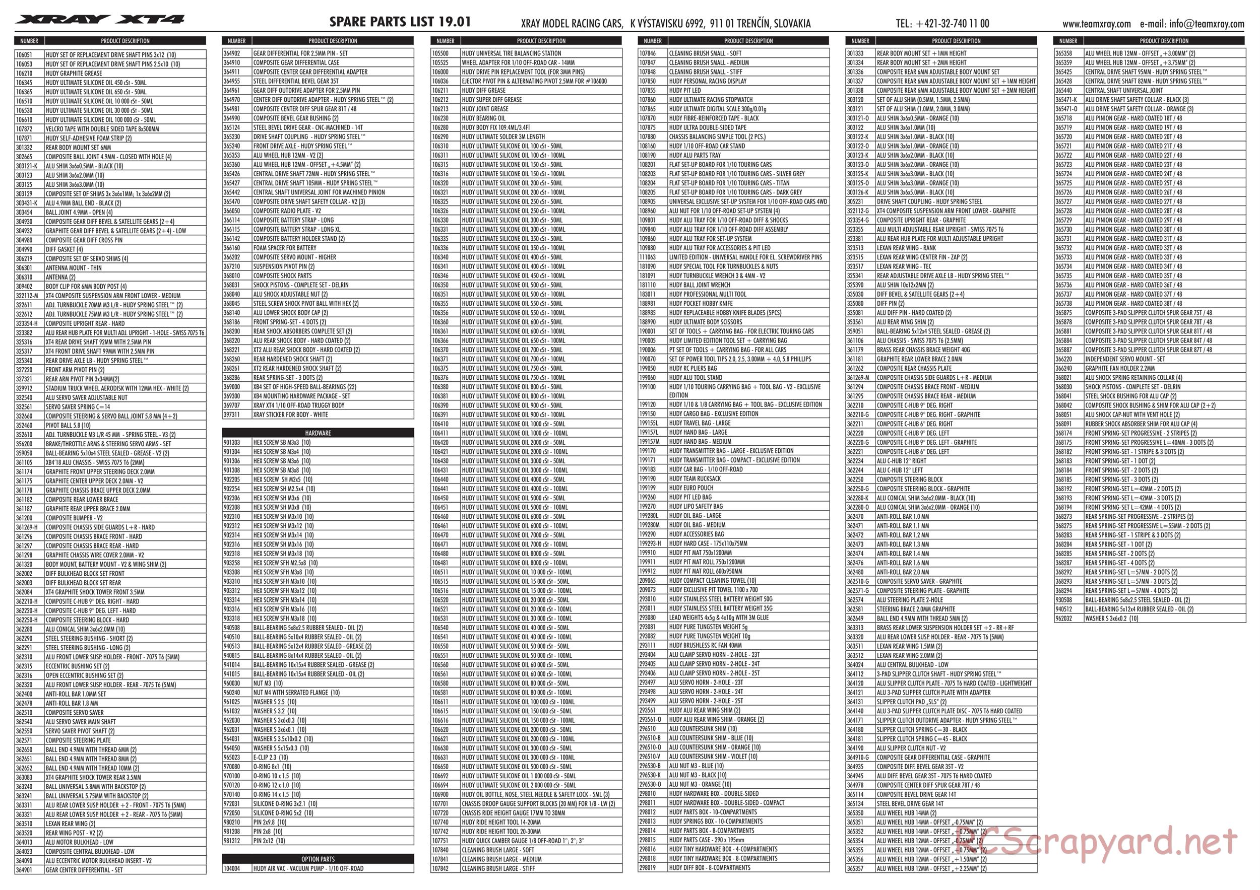 Xray - XT4 2019 (XT4'19) - Parts List
