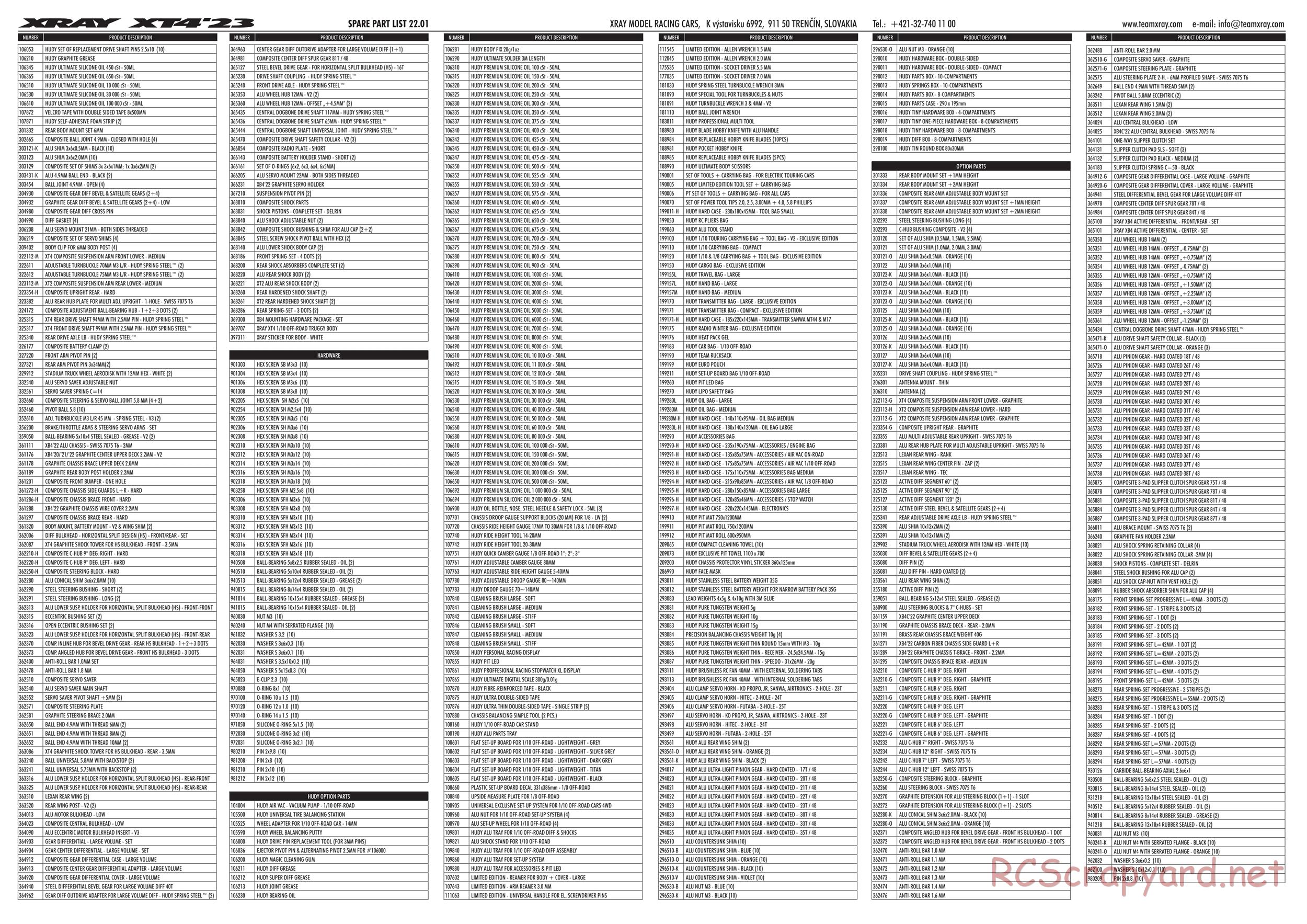 Xray - XT4 2023 (XT4'23) - Parts List